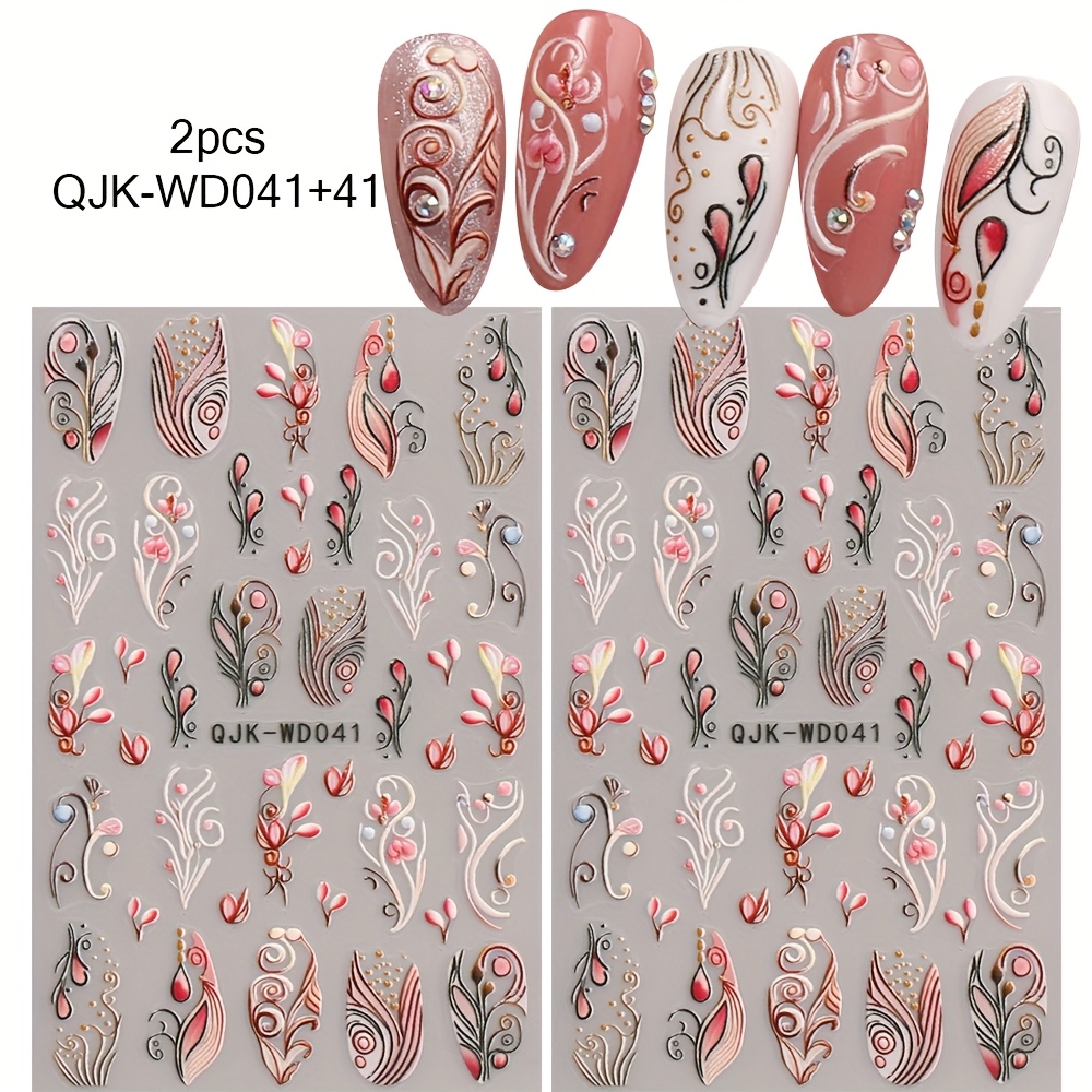 Image of 2pcs Light Pink Bohemian Flowers 3d Nail Art Stickers Boho Vine Straw Floral Vintage Nail Decals For Diy Manicure Decorations