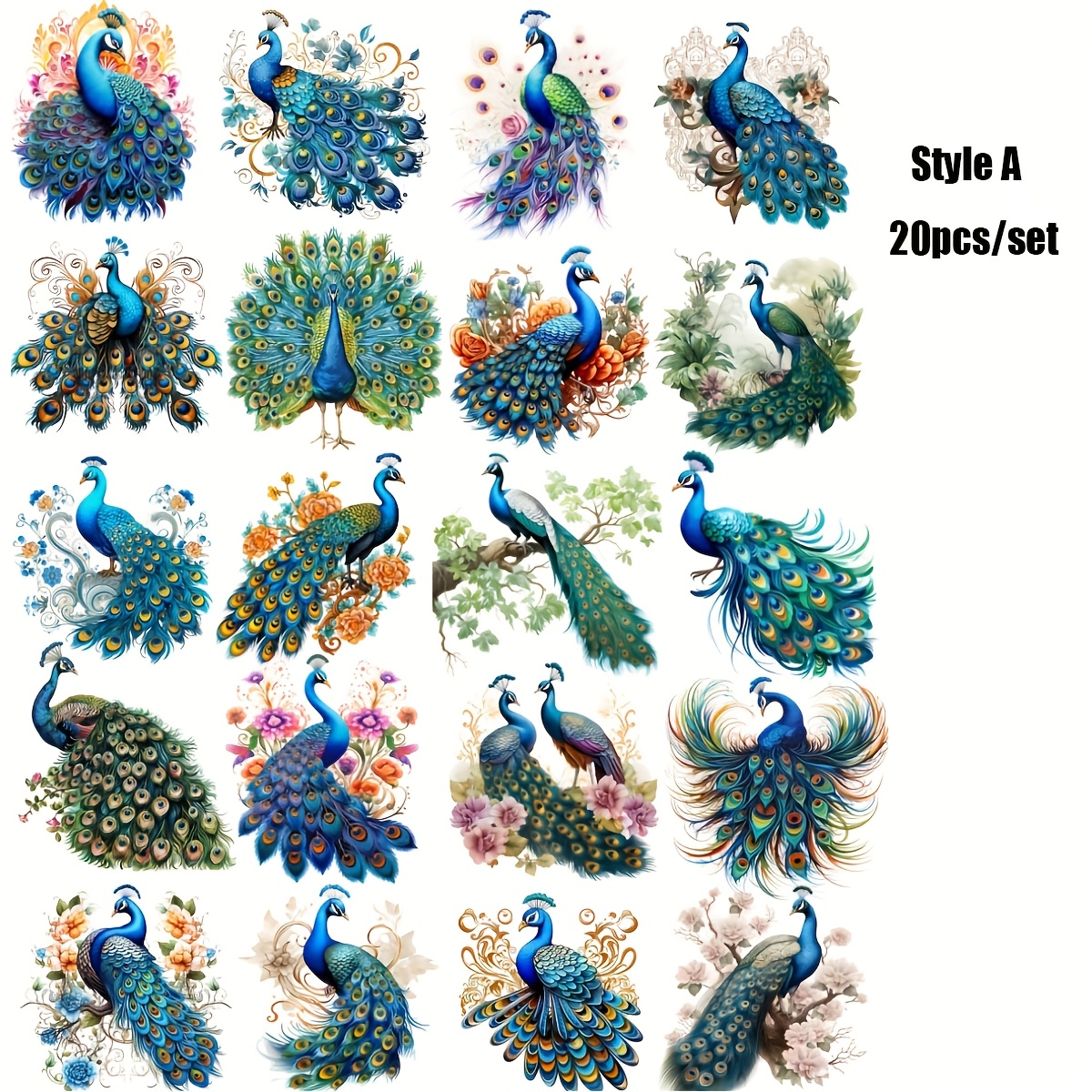Image of 20pcs/set Creative Peacock Floral Handcraft Magazine Stickers Hand Account Stickers Travel Notebook Stickers Stickers Decoration Journal Stickers Decoration