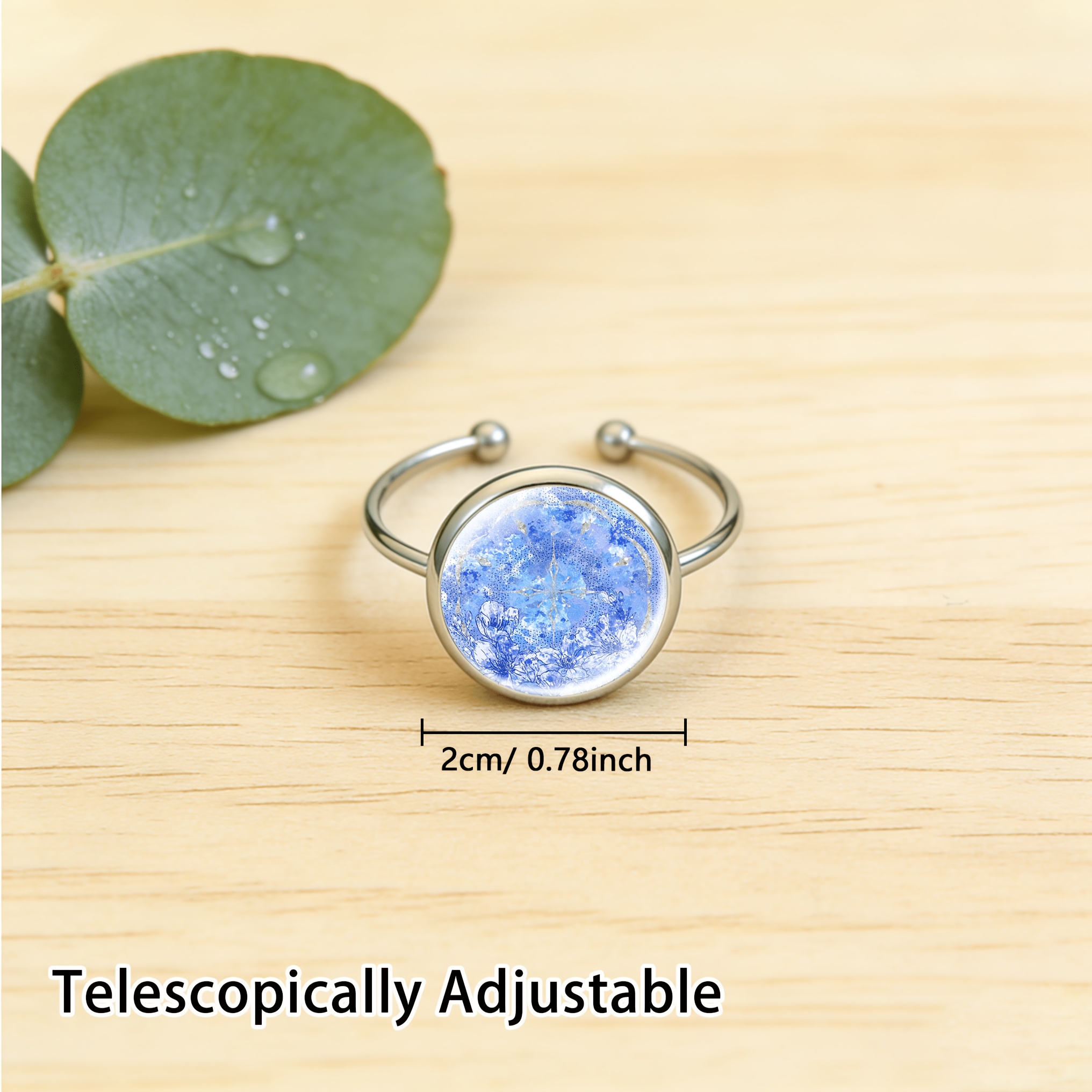White Open-End Ring with Glass Inlay, Floral Pattern