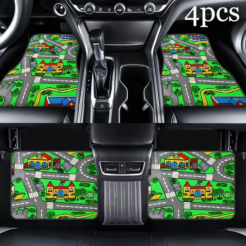 TEMU 4pcs 90s Road Car Mats - Durable Car Floor Mats, Suitable For Cars, Suvs, Sedans - Vibrant Neon Cityscape Design With Red, Yellow, Green, And
