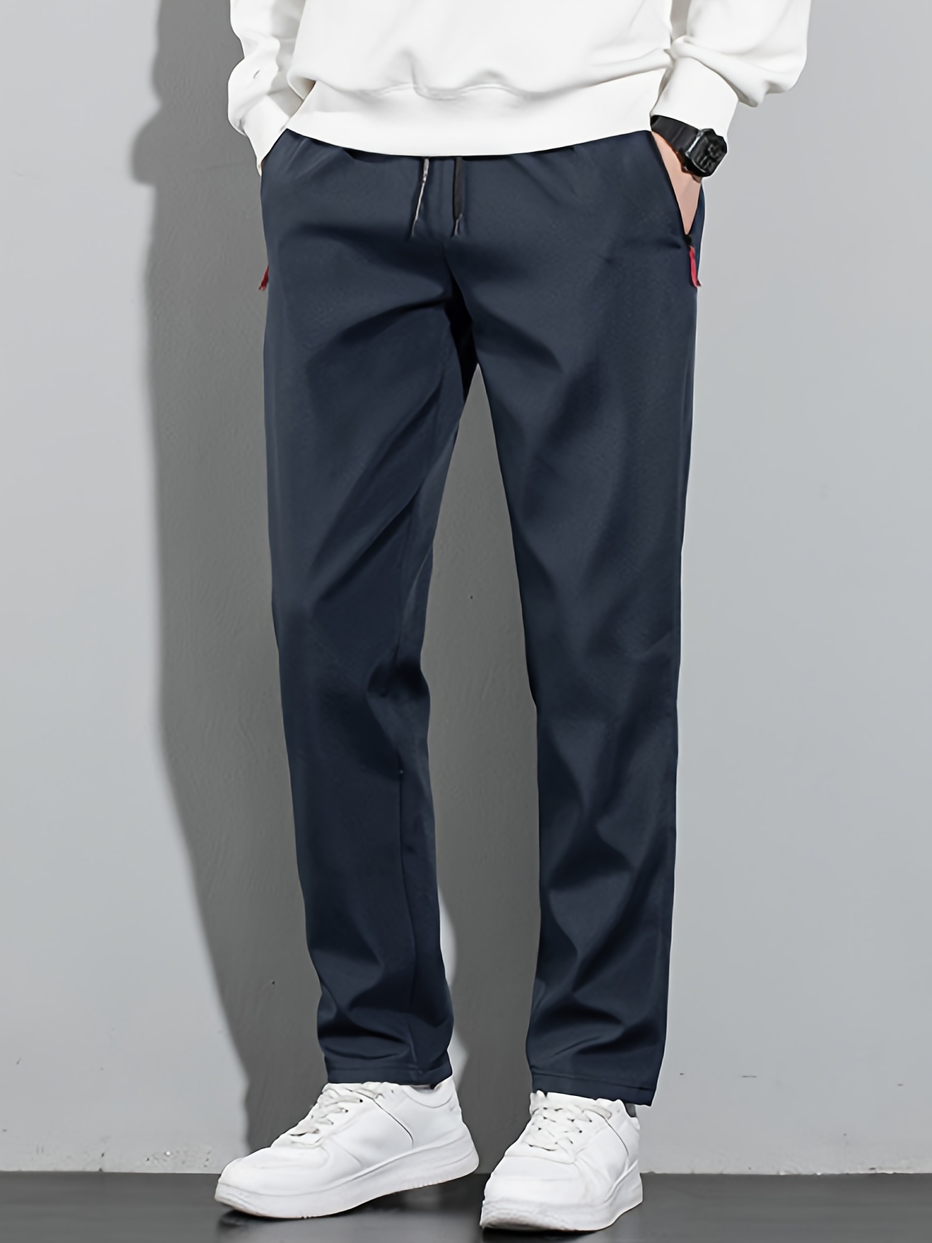 Men's Plus Size Polyester Sports Pants - 100% Polyester, Casual Style, Slight Stretch Fabric, Solid Color, Spring/Summer, Regular Fit, Adult Weekend Casual Trousers with Woven Technique