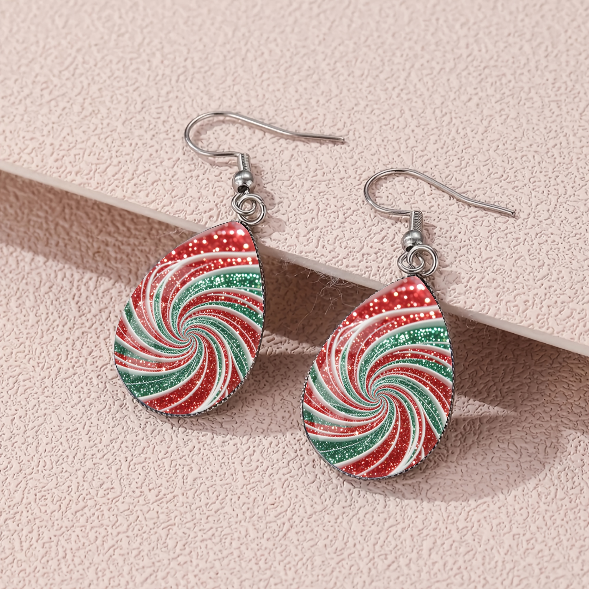 TEMU 1 Pair Christmas Red And Green Shimmering Spiral Candy Pattern Steel Material Teardrop Earrings, Elegant Suitable For Men And Women' Party