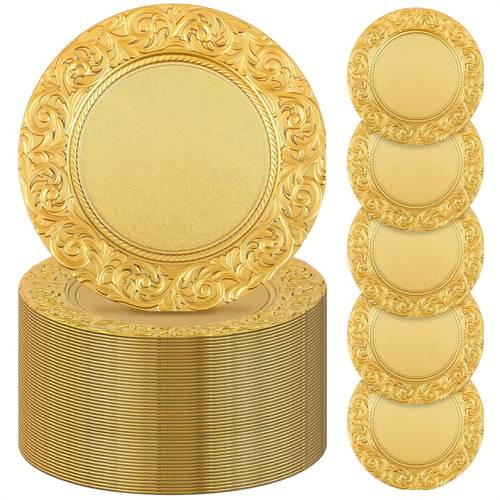 antique charger plates bulk 13 plastic embossed dinner plate round floral plates for wedding decorative for table dinner kitchen party decoration gold 100 pcs