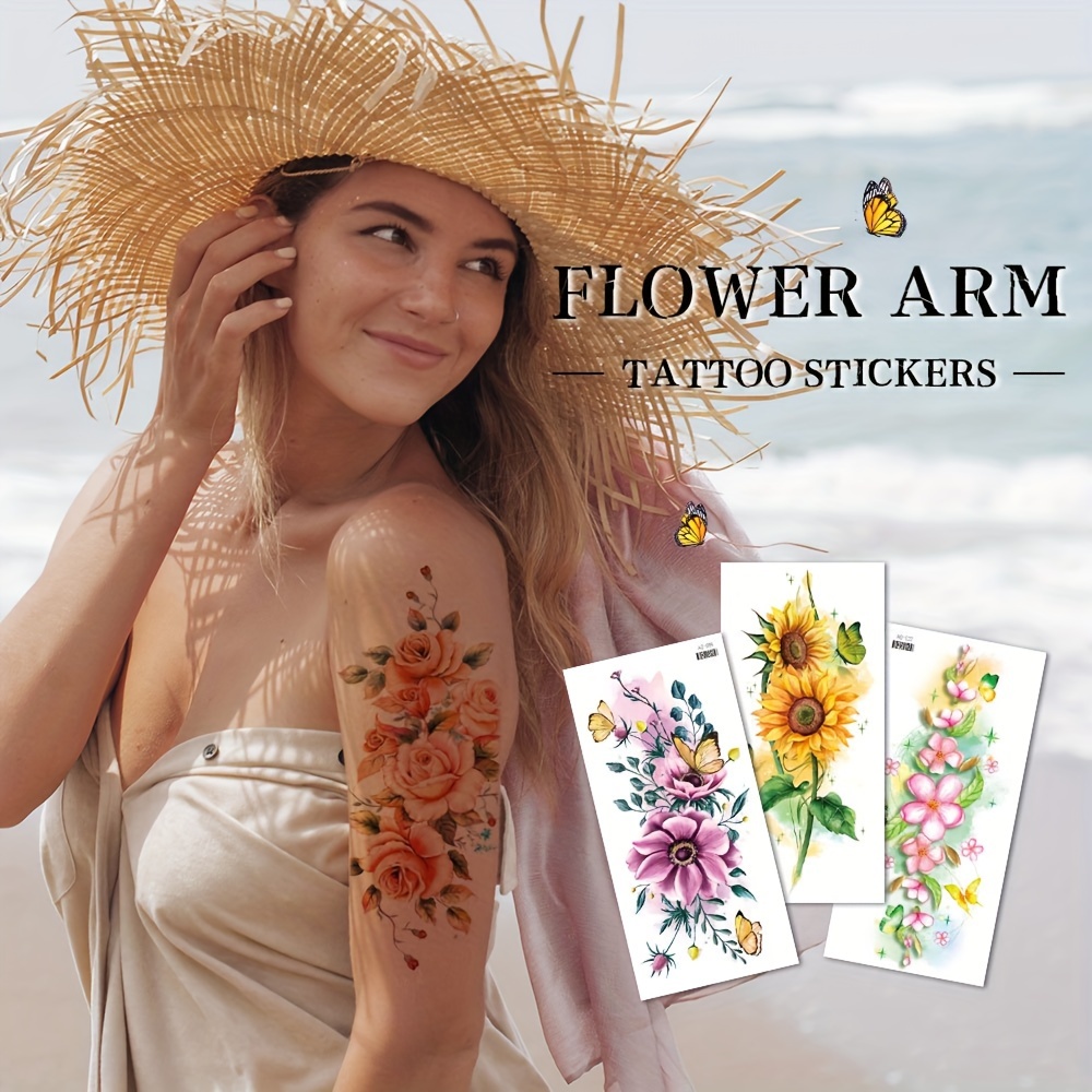 3D花柄のバインテージ風でリアルなタトゥー。バラ ユリ 牡丹 蓮 桃の花を含む。鎖骨と腕に適した 女性のボディアートの一 - Temu Japan