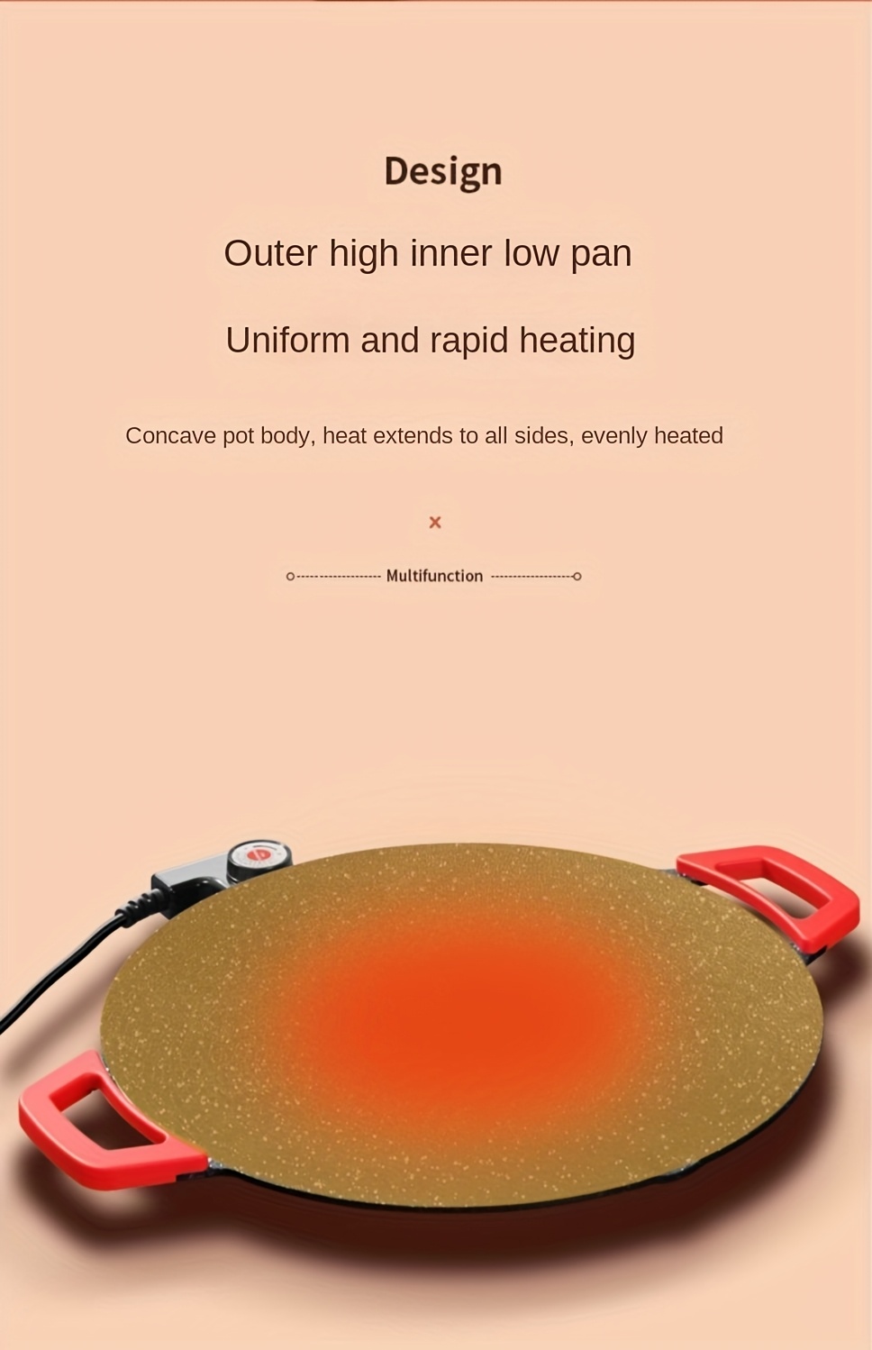 Round Multi-Purpose BBQ Pan in Korean Style, Perfect for Home Grilling. This Electric Grill Features a Non-Stick Surface And Is Ideal for Outdoor Barbecues. It Comes with a Red Handle And Adjustable Settings, Making It Great for Family Gatherings.