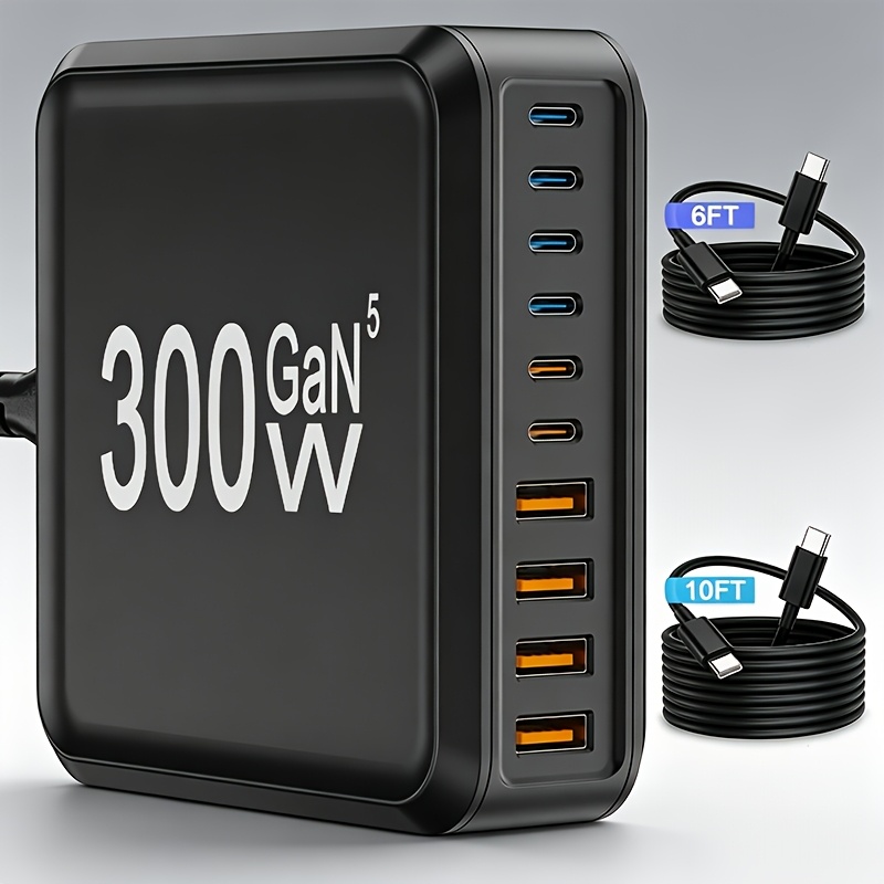TEMU Chargeur domestique multi-ports GAN 300W Type-C et Type-A à 10 ports pour téléphones mobiles, livré avec des câbles de données de 6 pi et 10 pi,