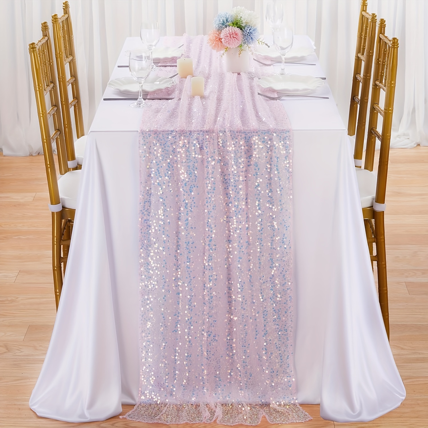 

Polyester Rectangle Table Runner With Sequins For Mermaid Themed Party, Wedding, Birthday - Woven Polyester Cover, Sparkling Pink Decoration For Under The Sea Party