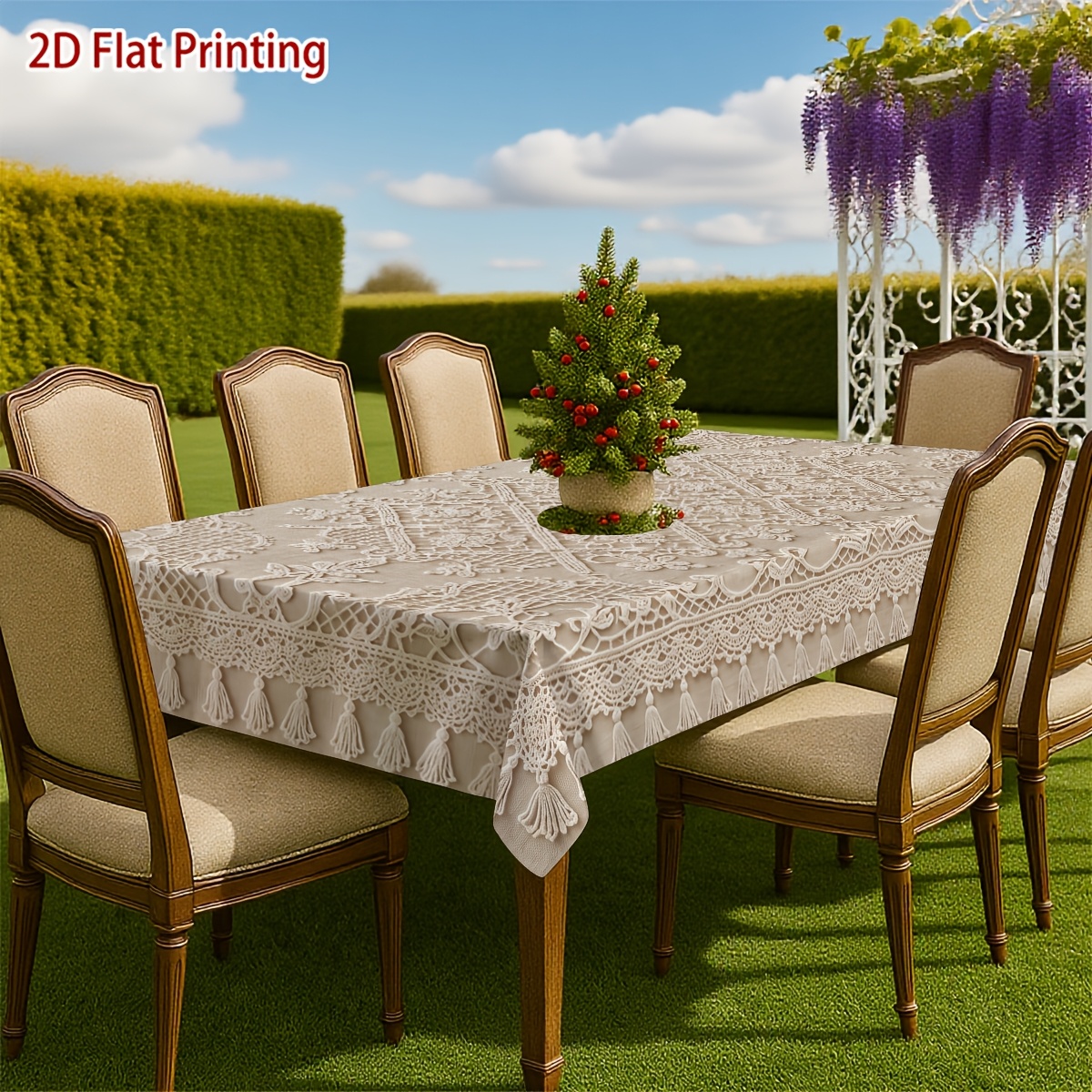 TEMU Product 1pc Lace Floral Diamond Pattern Tablecloth With Tassels, Personalized Printed Rectangle, Round, Oval Tablecloth Suitable For Indoor And