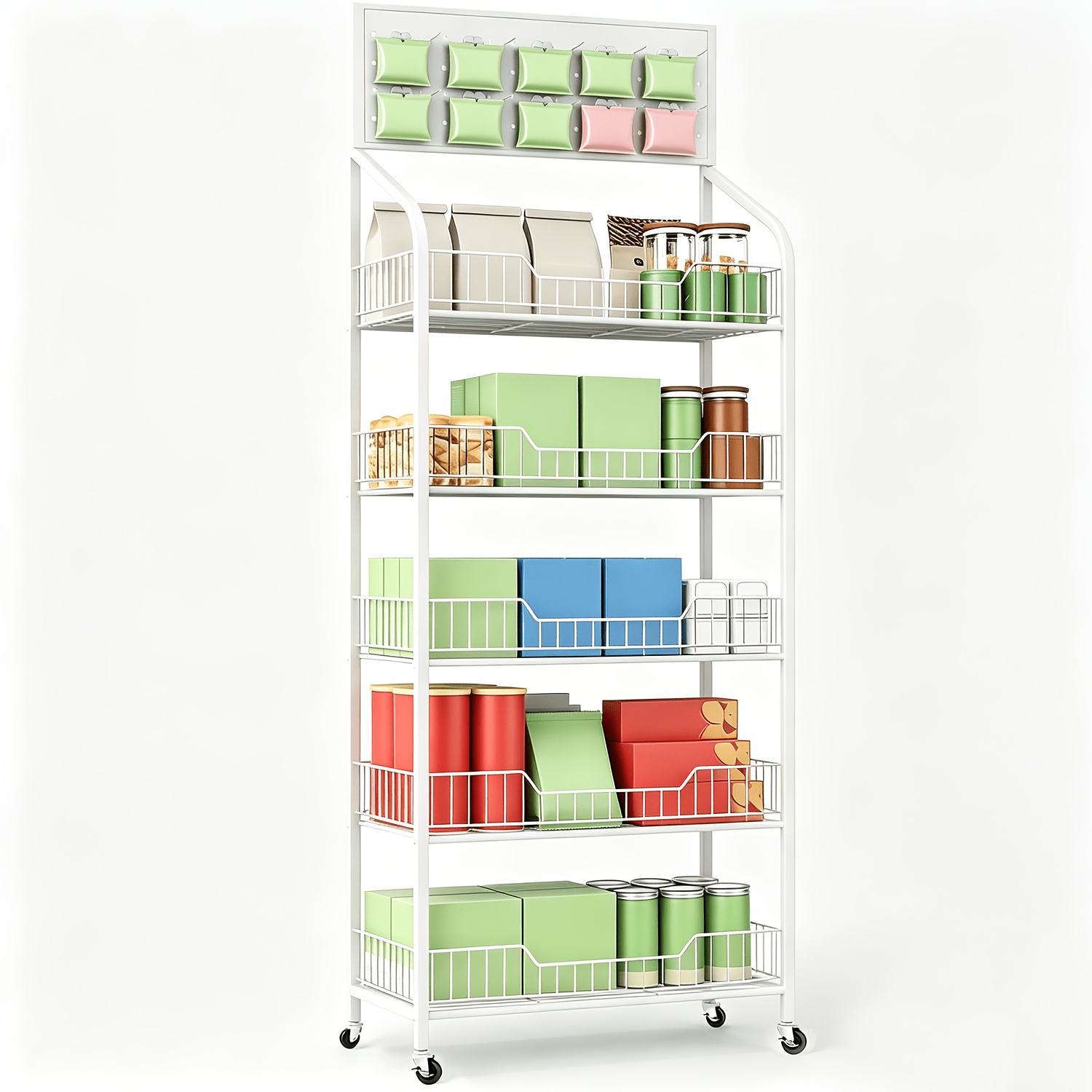 TEMU Estante expositor dorado de 5 niveles para snacks y dulces, estante de almacenamiento para minoristas, equipado con 4 ruedas universales, 4