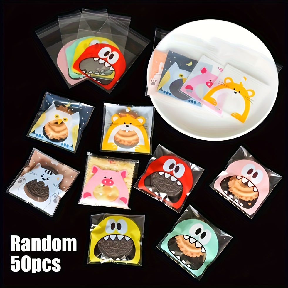 50pcs Random Pattern Cute Monster Animal Pattern Candy Snowflake Self-adhesive Bags Small Gift Self-adhesive Bags Baking Cookie Biscuit Packaging Bags