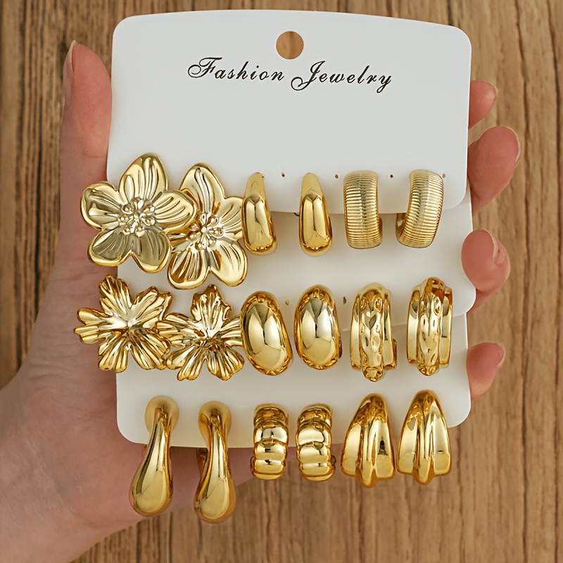 Image of 18pcs Fashion Bling Chubby Elegant Grand Casual Floral Water Drop Ccb Geometric Pattern Earring Stud Set Women's Vacation Party Date Casual Shopping Daily Matching New Versatile Combination