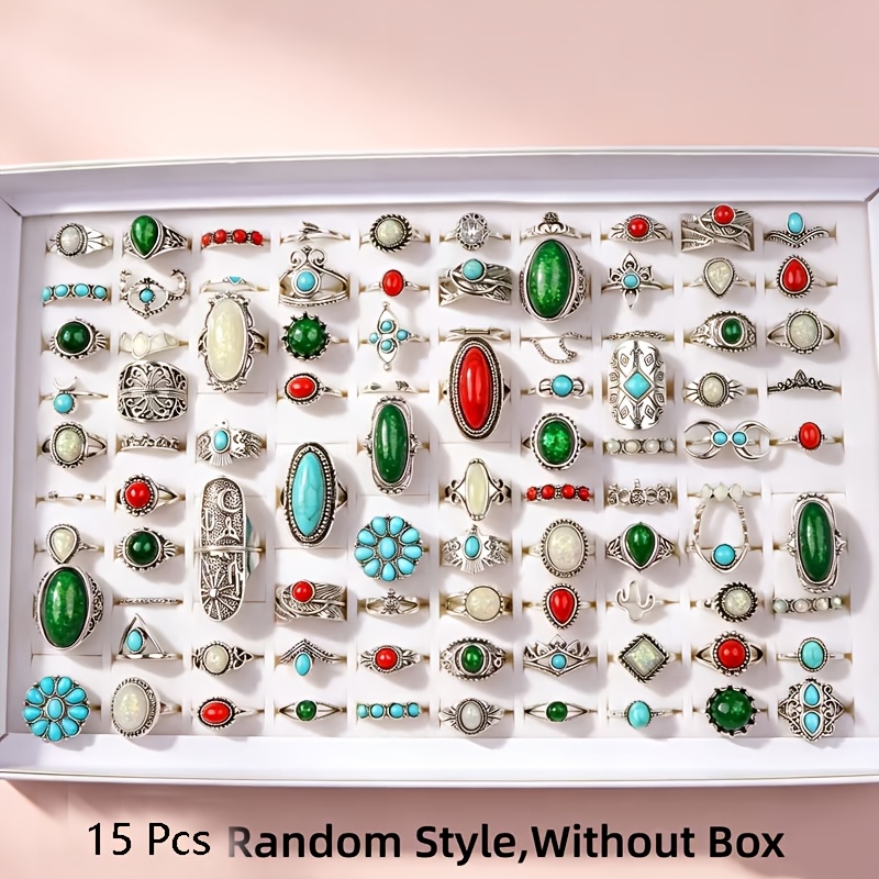 TEMU 15pcs Flower Geometric Shape Ladies Ring Elegant Retro Mixed Style Multi-piece Set Wear Finger Additions Fashion Jewelry Gift Unisex Random