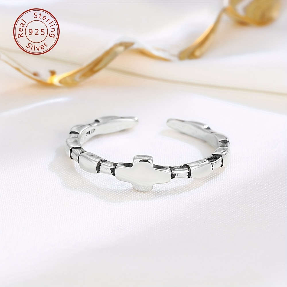 925 Sterling Silver Vintage Glossy Cross Open Ring, Unisex