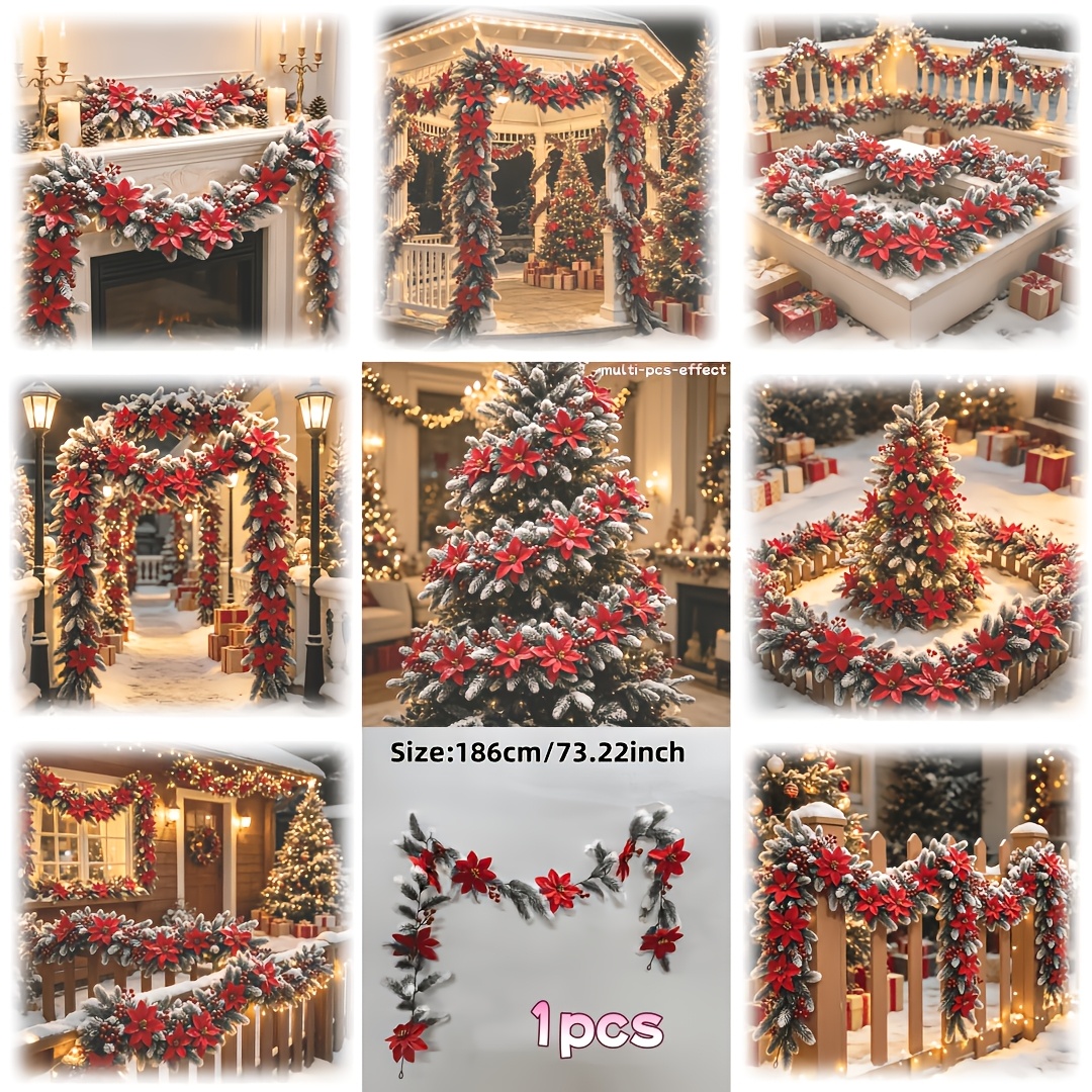 TEMU Christmas Artificial Beautiful Pine Needles   Red Berries   Red Poinsettia Christmas Red Flower Vine Decoration, Poinsettia Vine Combination