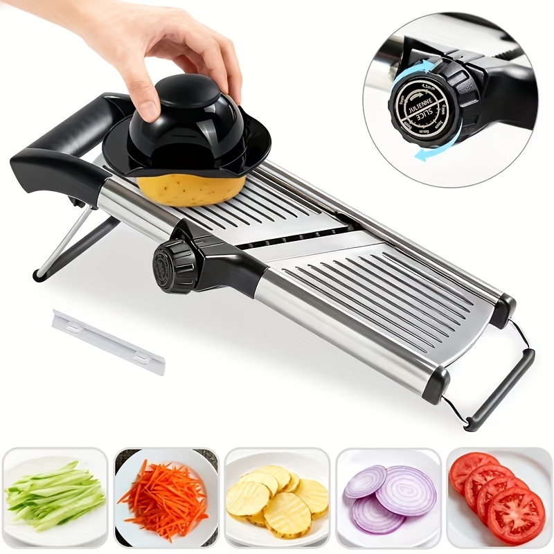 Image of Professional Vegetable Slicer Stainless Steel Vegetable Slicer | Adjustable Mandoline Slicer Offers 5 Different Thickness Options - Onion Potato Carrot Cheese Fruits Veggies Grater Kitchen Additions
