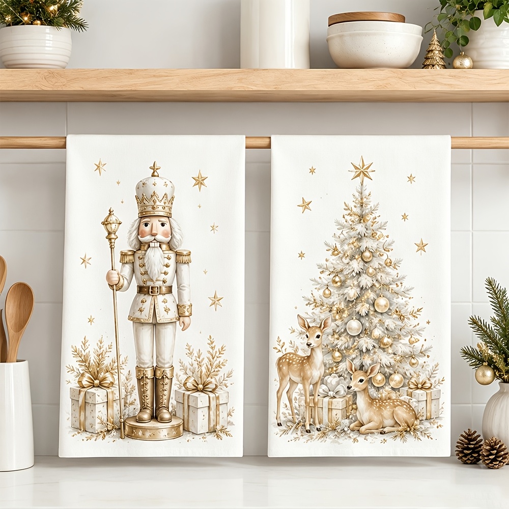 TEMU 2pcs Set Light Luxury Christmas Decorations, White And Golden Nutcracker Christmas Tree Tea Towels, Dish Towels, Cleaning Cloths, Kitchen Decor,