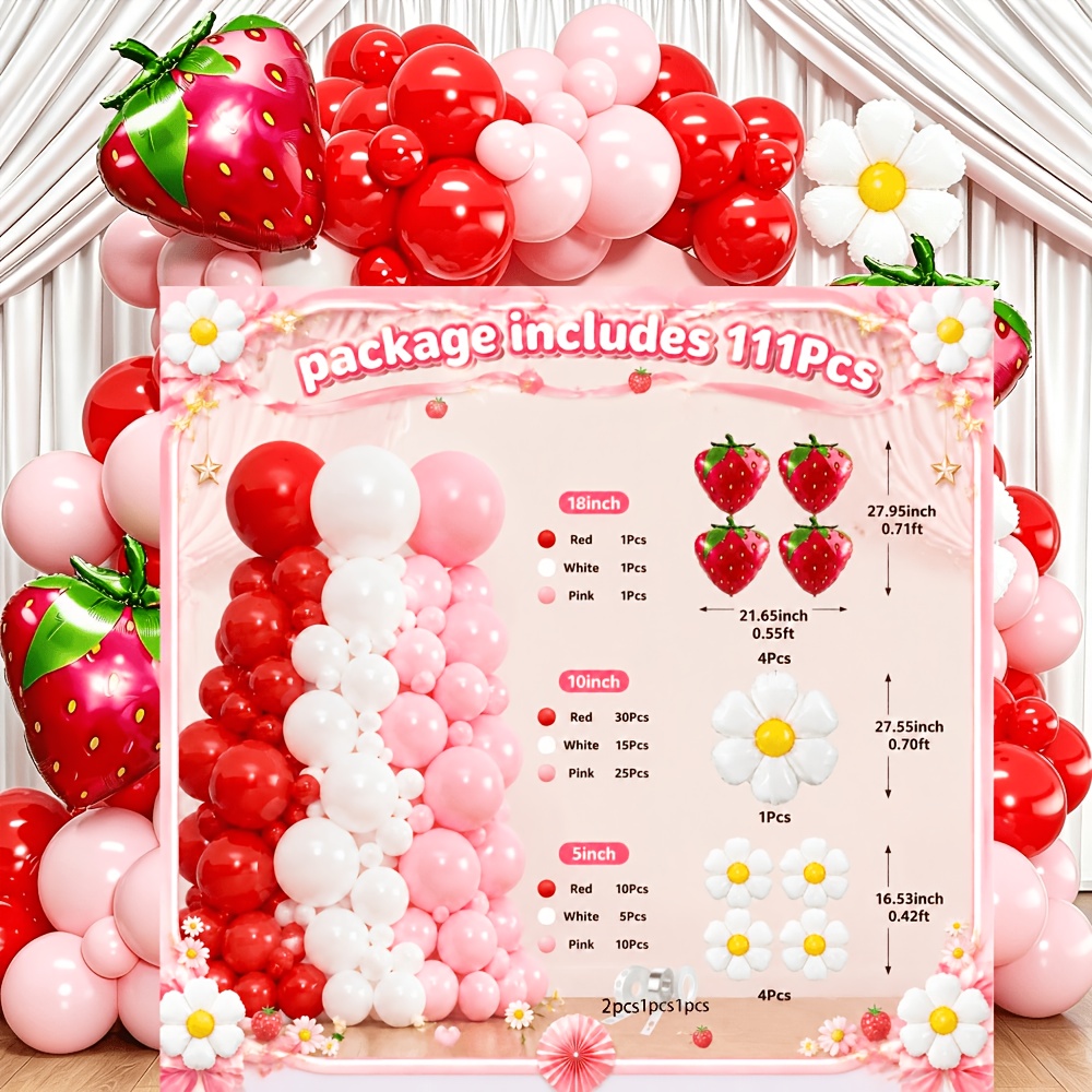 TEMU Kit de décoration d' à ballons sur le thème de , 111 pièces, comprenant 4 ballons fraise, 5 ballons marguerite et 3 types de ballons en latex de