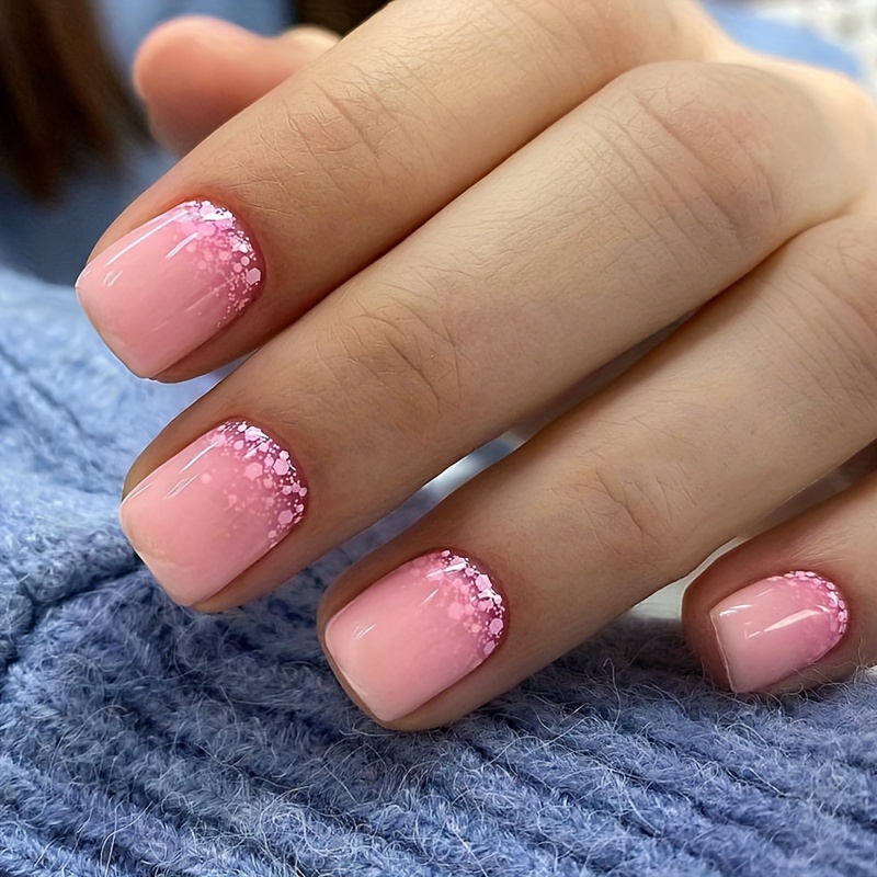 

24pcs Set Of Chic Pink Gradient Press-on Nails - Short Square, With Jelly Adhesive & Nail File Included - Parties & , , Gothic, Spring Autumn, Cute Individual, Detachable