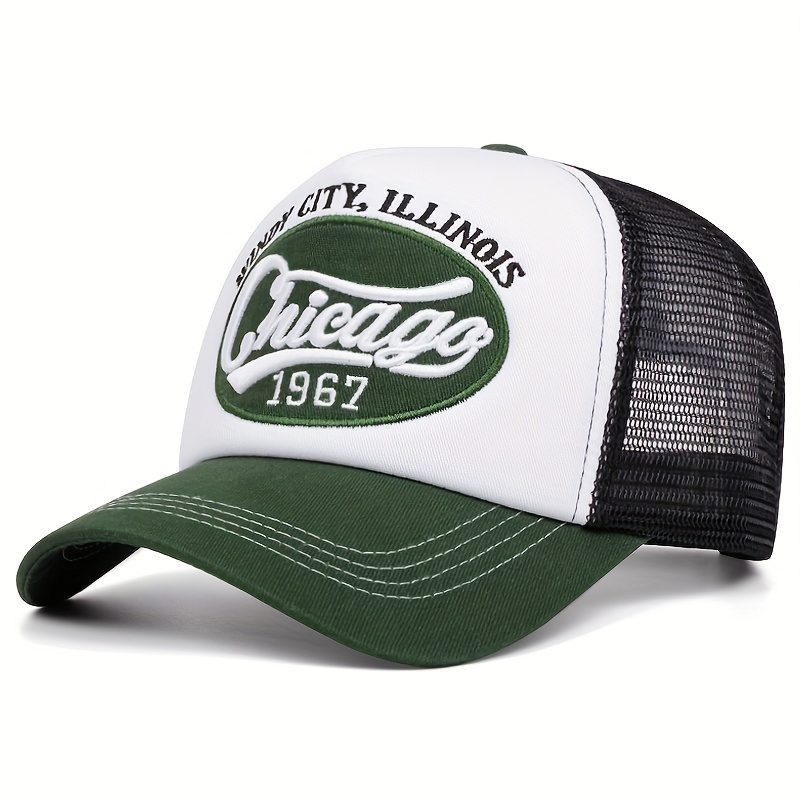 TEMU Gorra de de malla estilo vintage Chicago 19"67", 1 pieza - Cierre a presión ajustable, gorra de béisbol y transpirable para , negra con diseño y