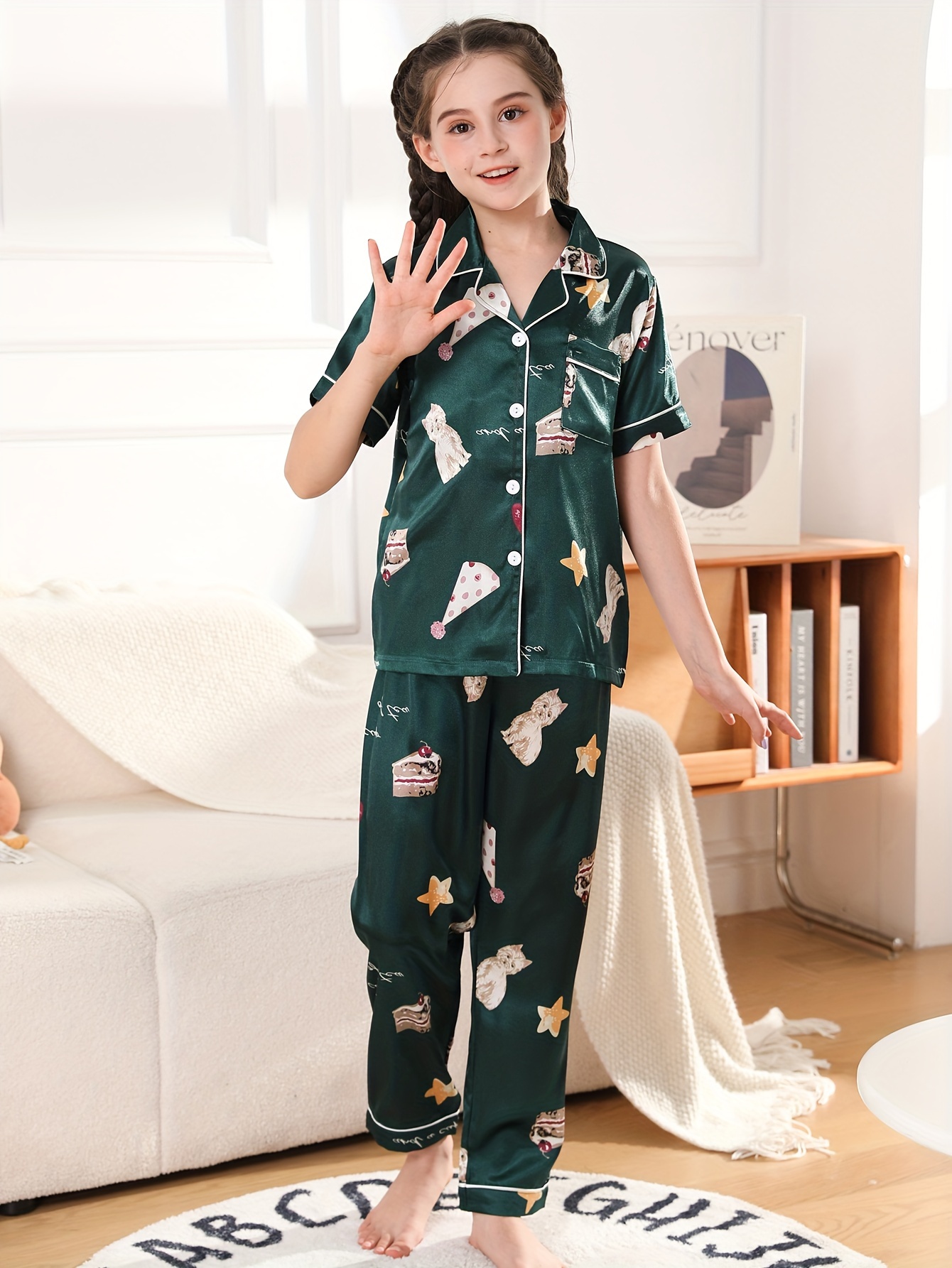 3 Sets Girls' Thin Style Pajama Set, Fashion Pattern Print Short Sleeve  Lapel Button Down Shirt + Long Pants Summer Home Wear For Kids