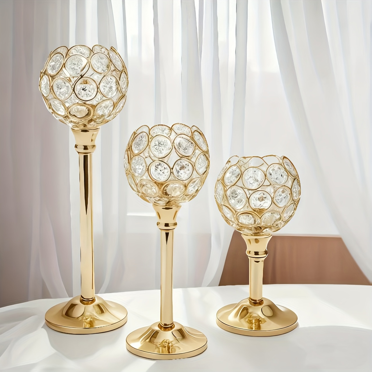 TEMU 3pcs Golden Elegant Crystal Metal Candle Holder Set, European Style Holders For Christmas Halloween Table Decorations Romantic Dinnerware,