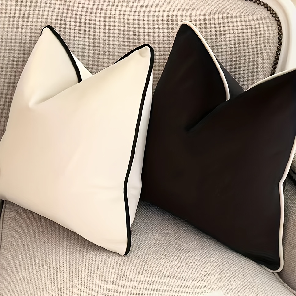 TEMU Set Of 2 Black White Piped Edge Velvet Throw Pillow Covers, 18x18 Inch Square Solid Cushion Cases, Contrast Trim Invisible Zipper Decorative