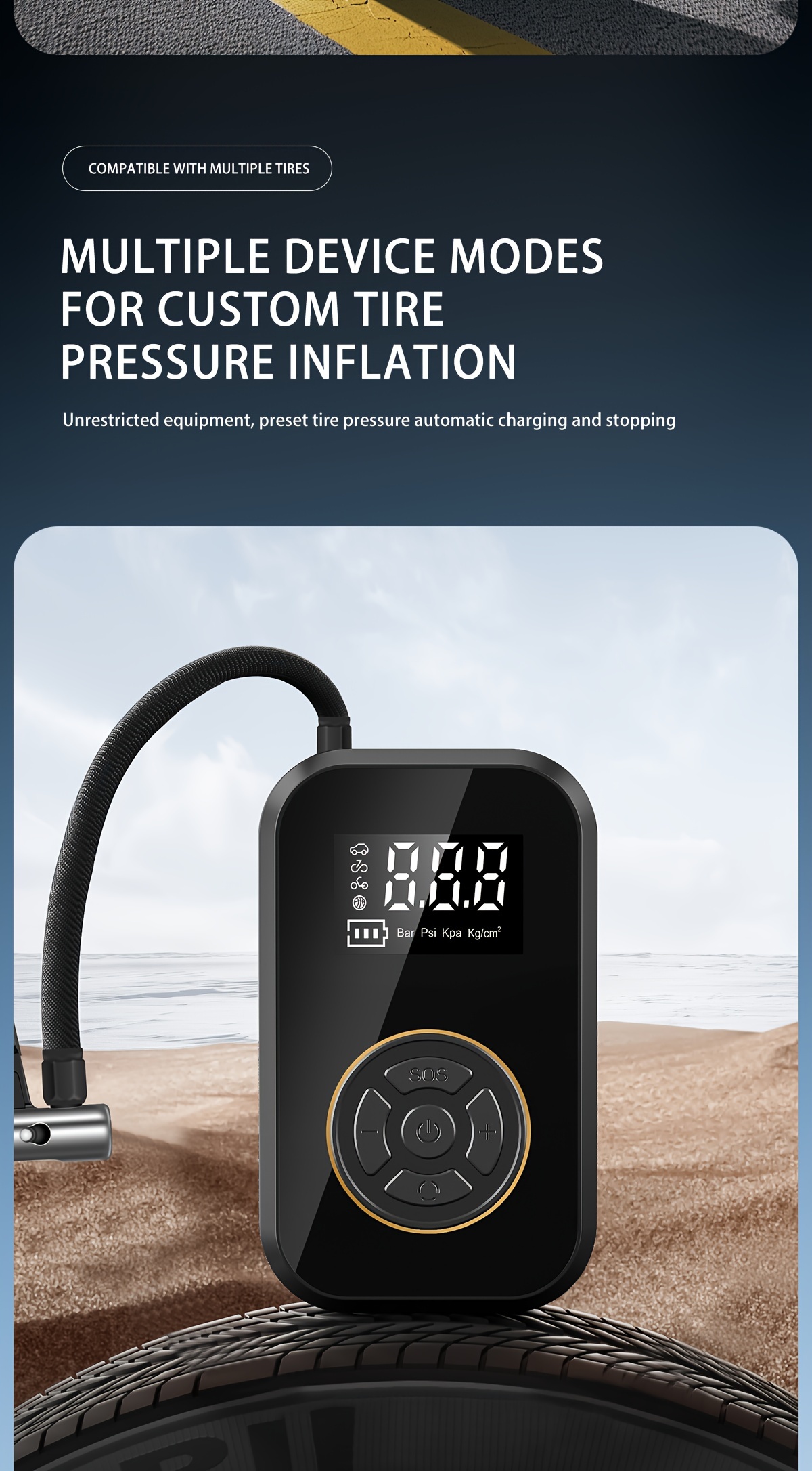 Gonfleur de pneu de moto sans fil 120 Watt avec affichage numérique, compact et doté d'une lumière LED et de buse de gonflage