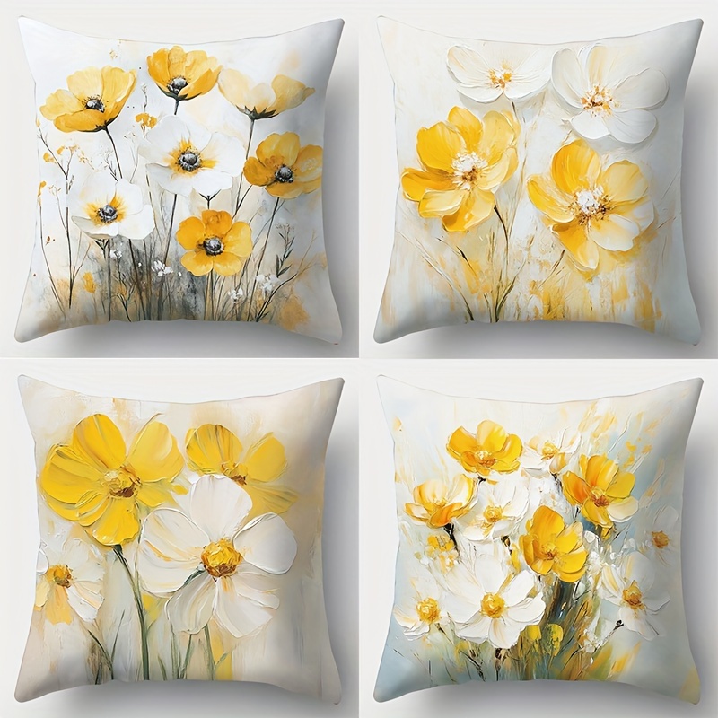 

4 Pieces Flower Theme Throw Pillows - Printed, Soft And Comfortable Fabric, Suitable For Living Room Decor, Hand Wash Only, Zipper Closure, Contemporary Style, Polyester Cover