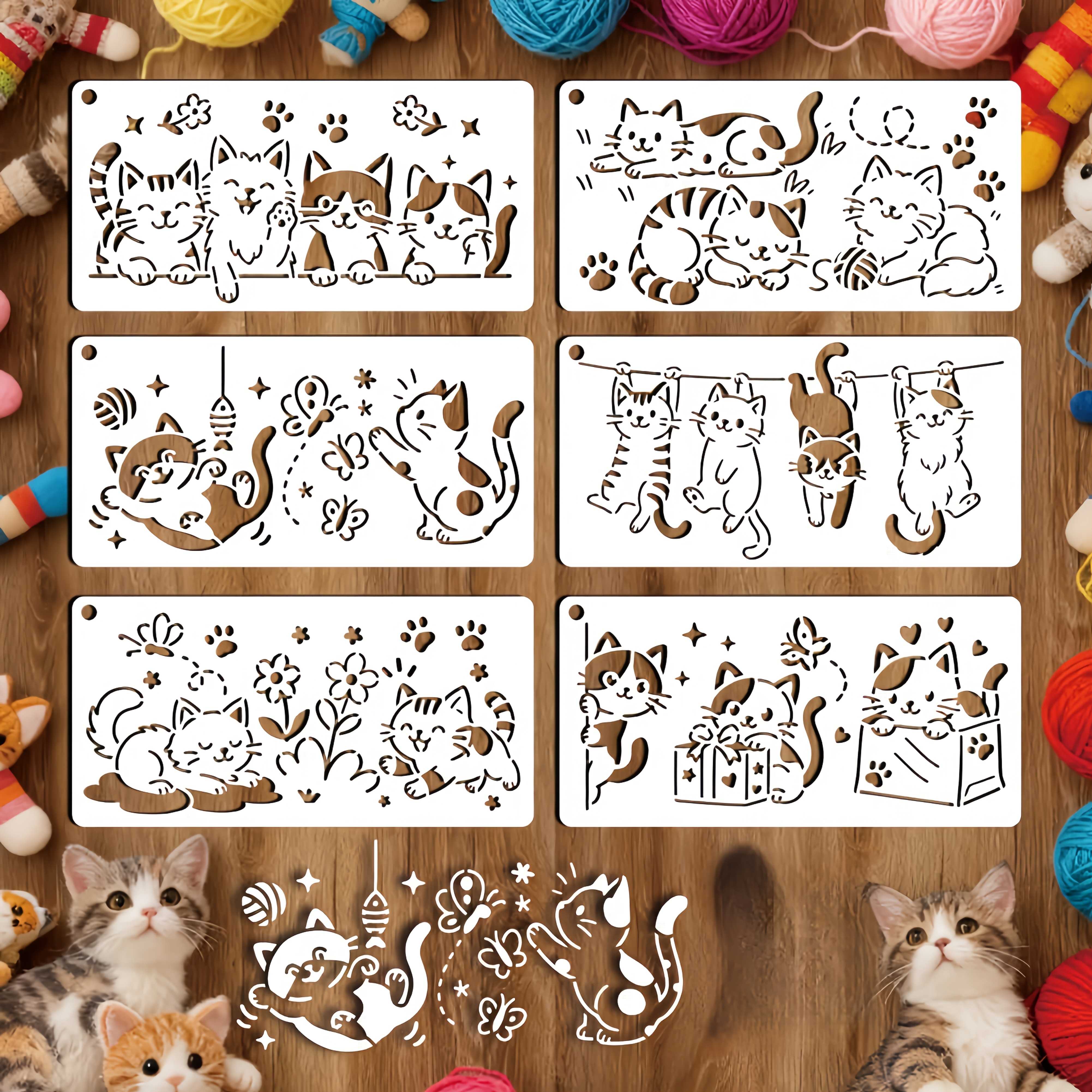 TEMU 6 Sheets Cute Kitten Stencils For Painting, 6 Styles Cat Playing With Flower Stencils Pet Themed Stencil Template For Painting On Wall Wood Home