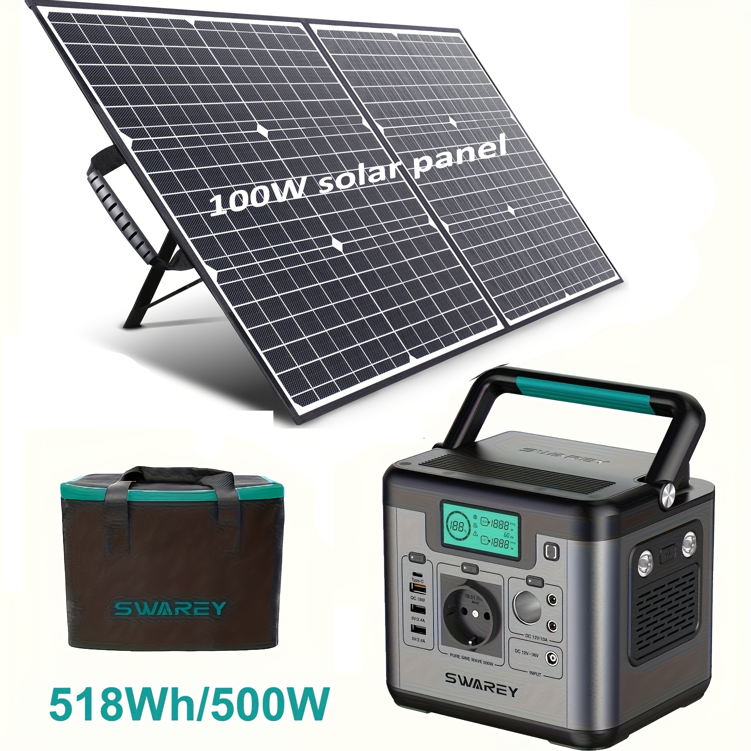 Image of Swarey Portable Power Bank With 100w Solar Panel, Power Station 518 Wh, Solar Generator 500w Ac Output, 65 W Usb-c Port, Power Generator Battery For Party, Travel, Camping, Motorhome, Emergency