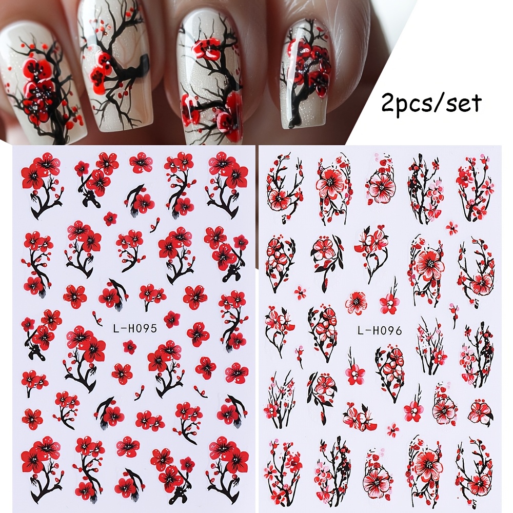 2pcs 3d Nail Art Stickers Spring Flowers Cherry Nail Decals Self Adhesive Manicure Nail Art Supplies