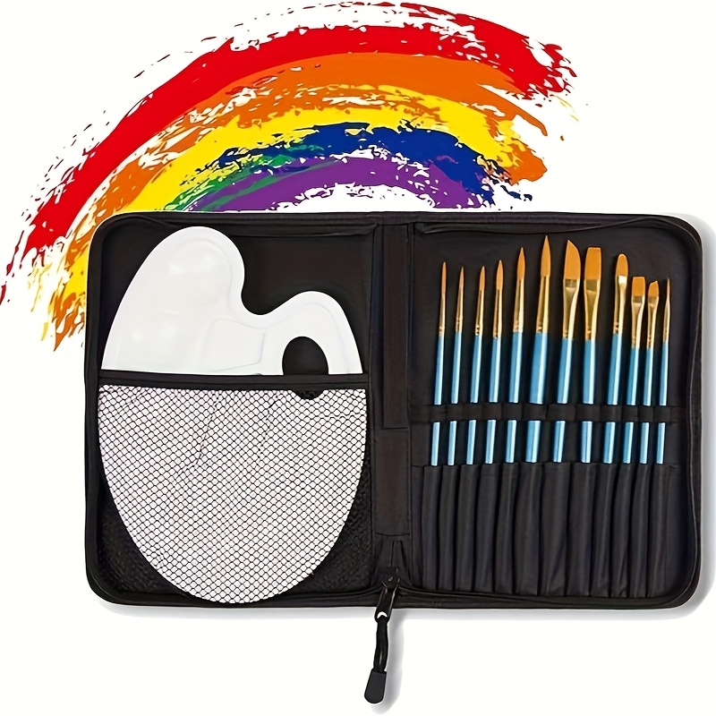 TEMU 12pcs Artist Paint Brushes Set Painting Tool Acrylic Oil Watercolour Kit Nylon Hair Kits With Carrying Case Palette For Kids Students Painters