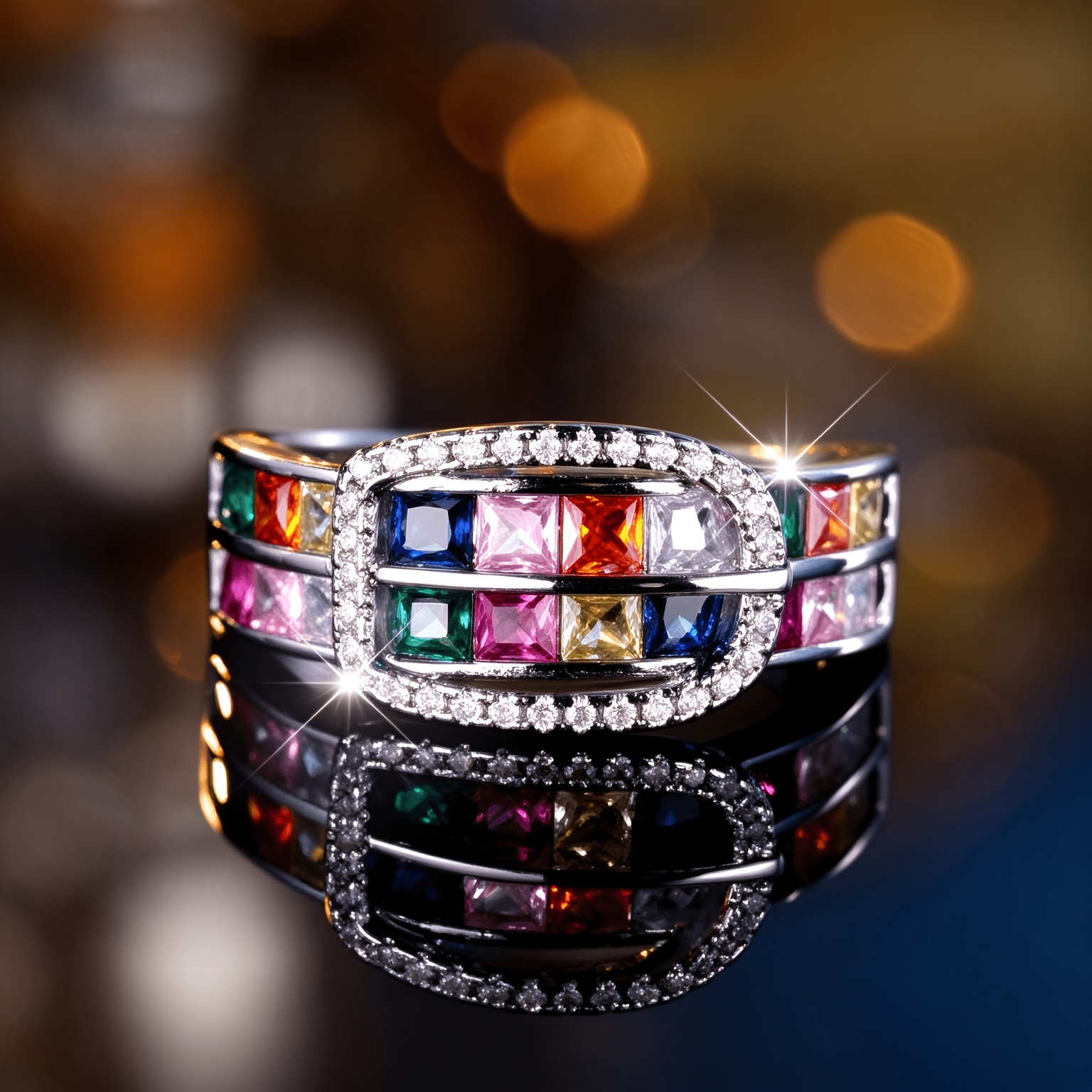 Women's Exquisite Rectangular Colored Wedding Ring, Multi-Color Zirconia