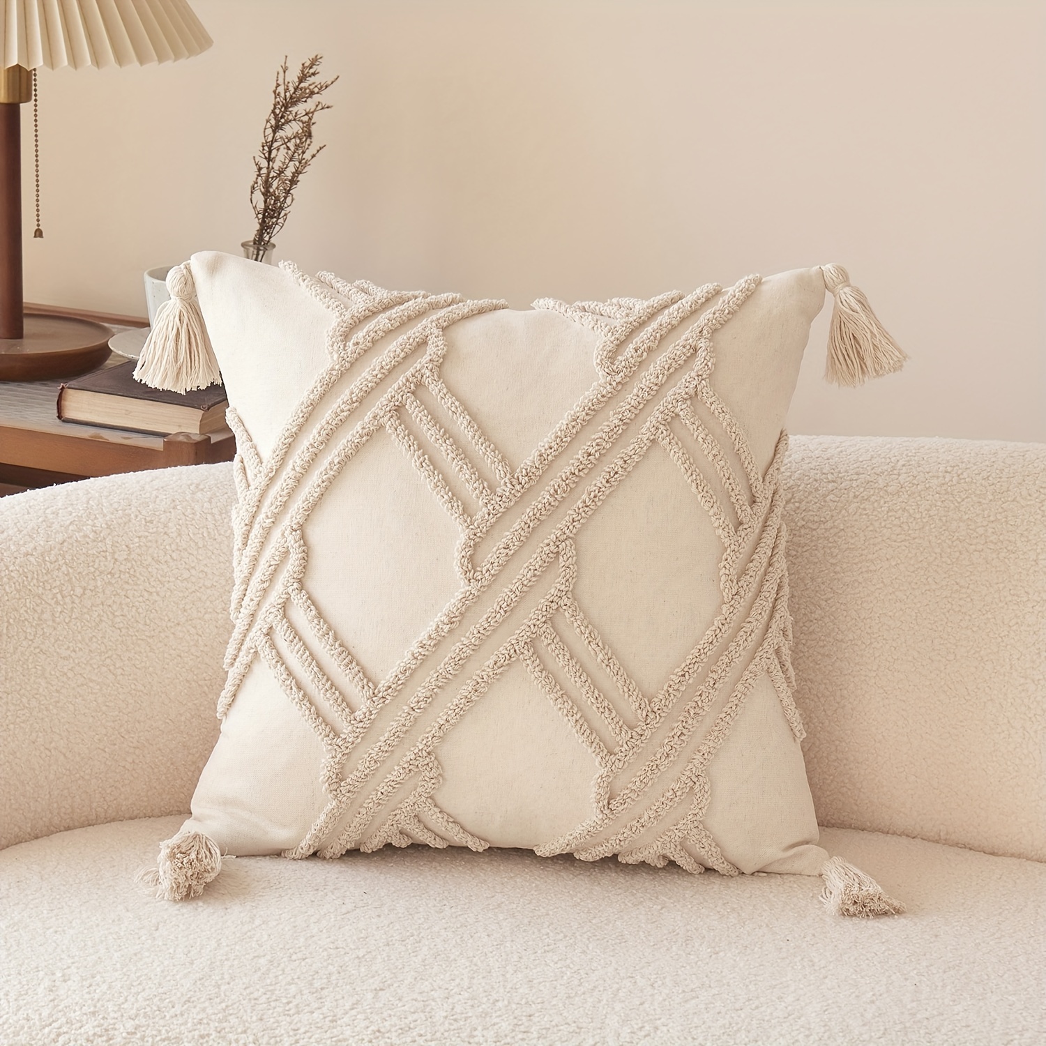 

1pc Natural Geometric Tassel Pillowcase - Diamond Pattern, 17.7x17.7 Inch, Zipper Closure, Machine Washable, Sofa, Living Room & Bedroom Decor (cover Only)