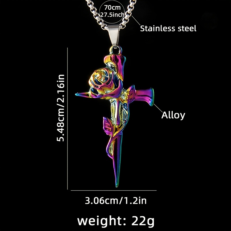 Image of 1pc Y2k Fashionable Iridescent Rose Cross Pendant 201 Stainless Steel Necklace, For