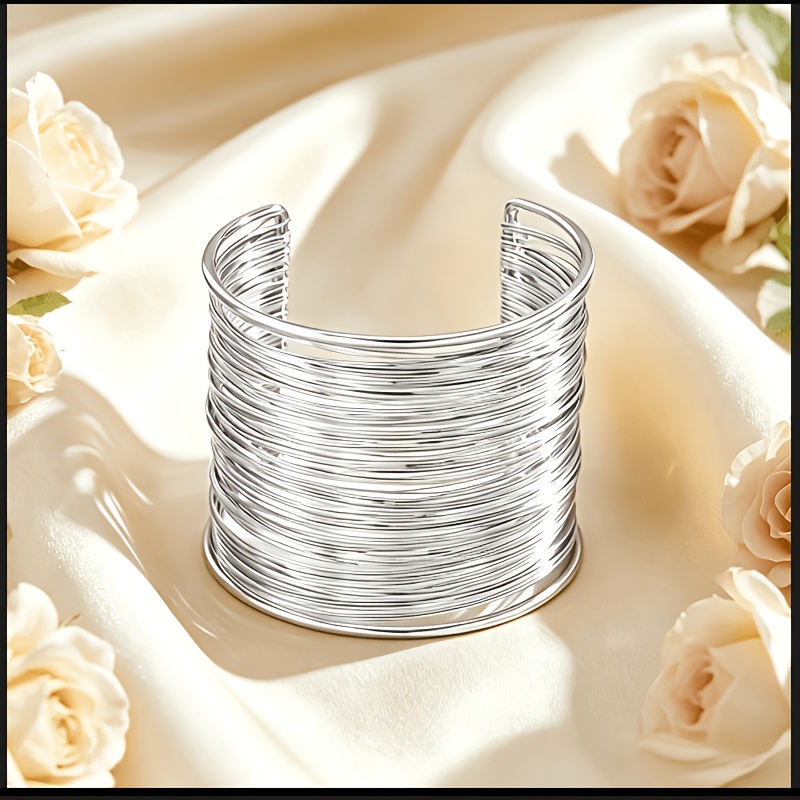 TEMU 1pc Brazalete de Lujo Multicapa con Línea Delgada y Abierto, Pulsera de Metal Apilada en Tono Dorado y Plateado para Mujer, Fácil, Premium, para
