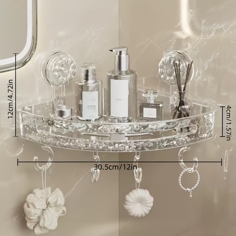 TEMU 1pc Transparent Pet Plastic Corner Shelf With Suction Cup Hook, Matte End, Wall-mounted Bathroom Organizer, With Strong Suction, For Bathroom, Bedroom, Study, Kitchen