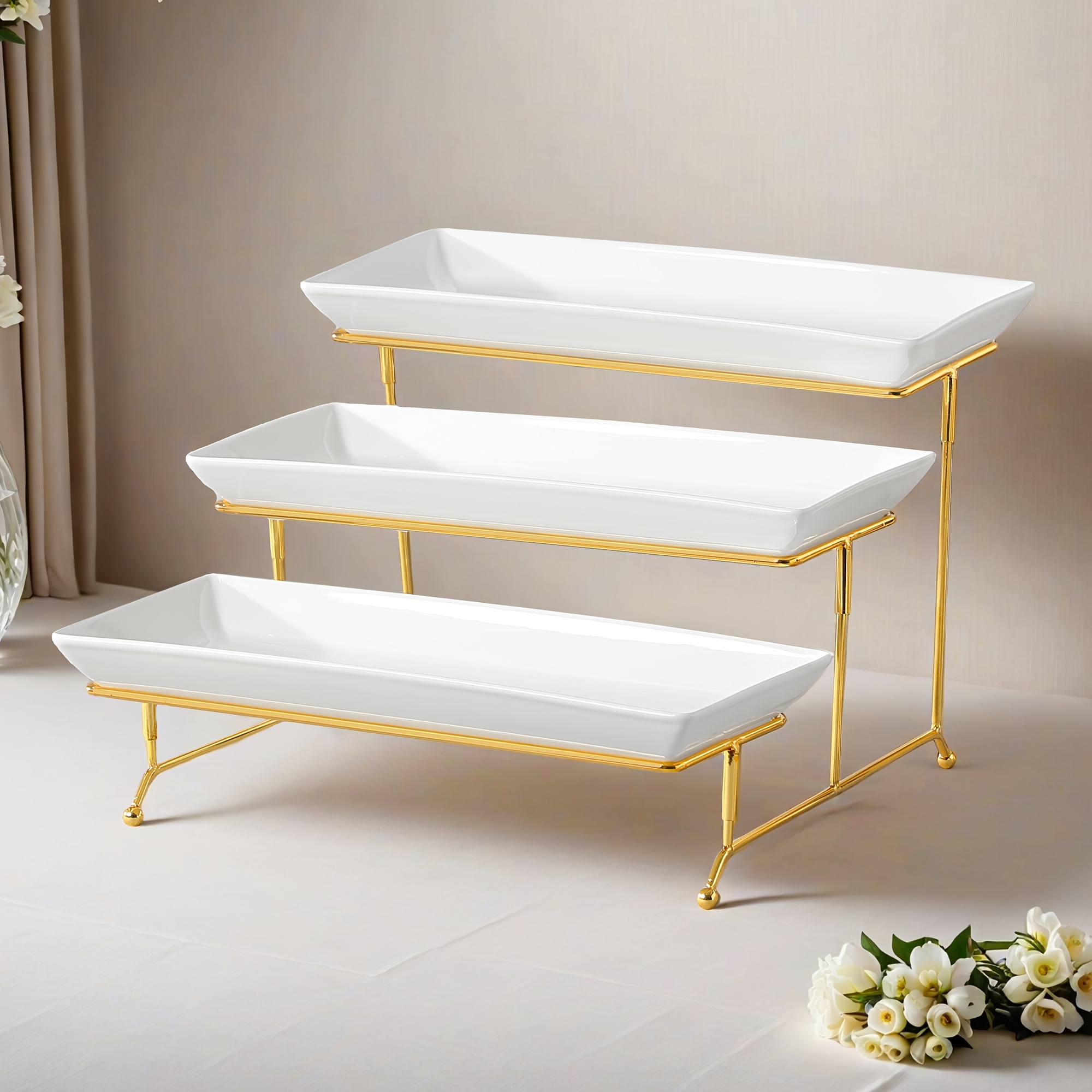 TEMU 3 Tier Serving Tray Porcelain Dessert Tray With Golden Tray Stand Tiered 14 Inch Serving Platter With Collapsible Sturdy Rack White