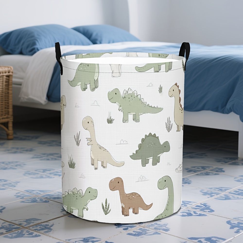 TEMU 1 panier à linge rond et pliable avec motif de dinosaures et de plantes de dessin , grand bac haut de avec poignée facile à , encombrante pour
