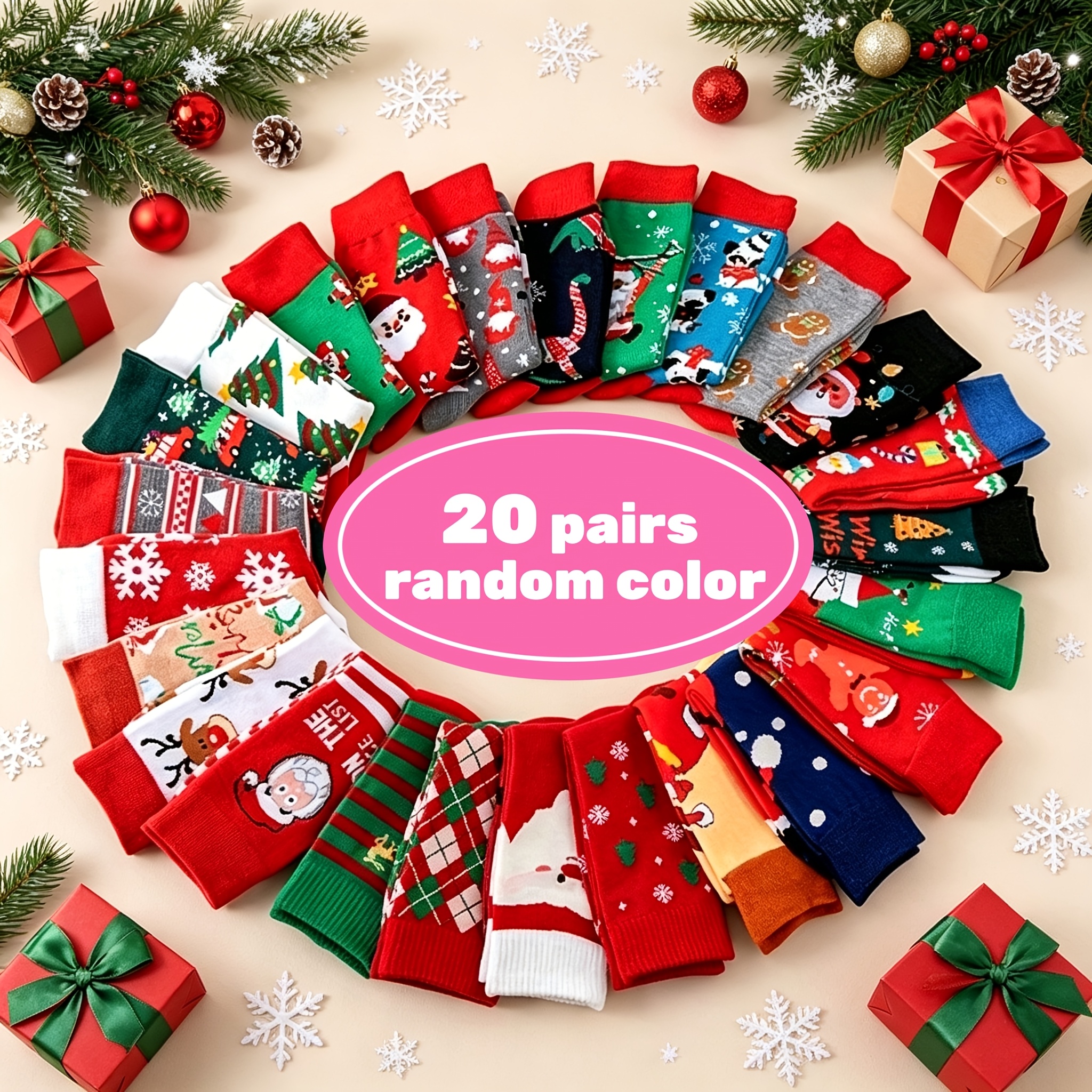 TEMU Random 20 Pairs New Autumn & Winter Warm Santa Gingerbread Themed Long Socks For , Cute , Perfect Christmas Gifts For Family & , Versatile For