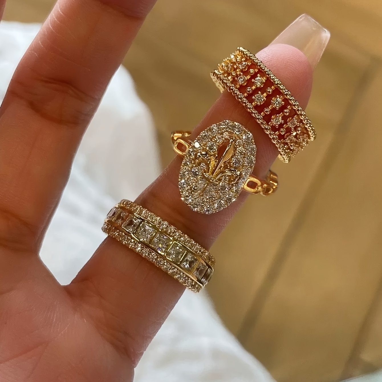 Image of 3pcs Elegant Inlaid Artificial Zirconia Exquisite Hollow Chain Unique Temperament Suitable For Party Banquet Gathering Women's Ring Set
