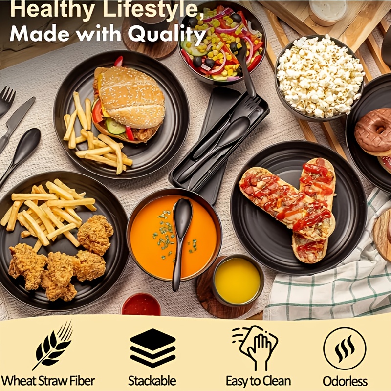 TEMU Premium Straw Tableware Set, 16 Lightweight & Unbreakable Tableware Sets, Microwave And Dishwasher Safe, Black Set Of 8 Plates, 4 Bowls, 4 Cups.