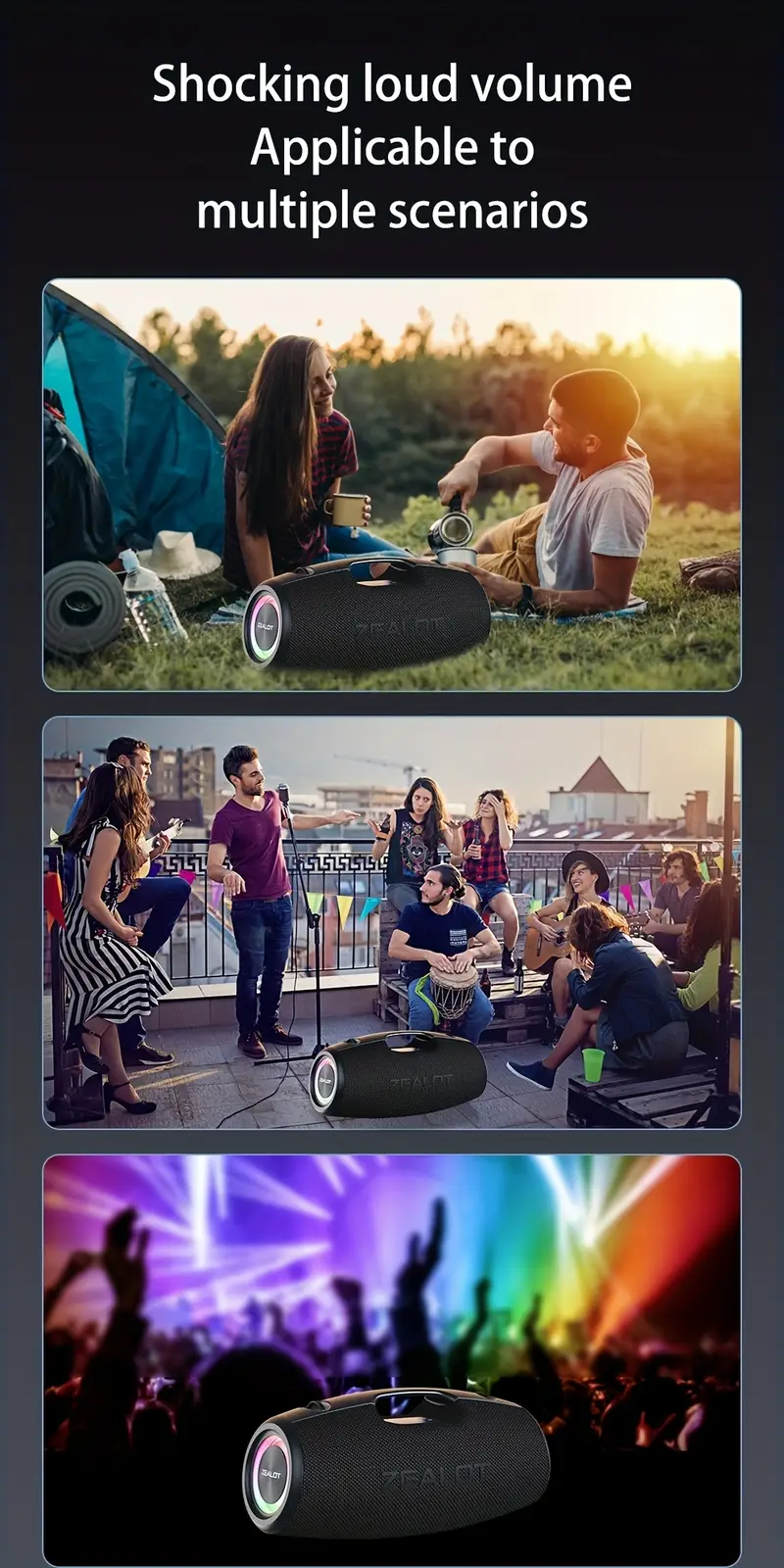 s78 100w portable wireless speaker with ipx5 high quality, 36h playtime, wireless 5.3, dual pairing, shoulder strap & usb-c charging - bass for , camping, beach, camping gear, stylish audio, construction, party hosts details 8