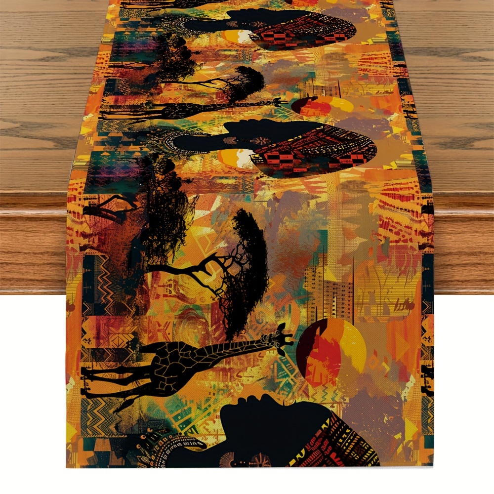 

African Woman Animal Print Ethnic Style Table Runner - Polyester Rectangle Woven Table Cover - 71" Long For Kitchen Dining Party Room Decor - Home Restaurant Decorative Tablecloth