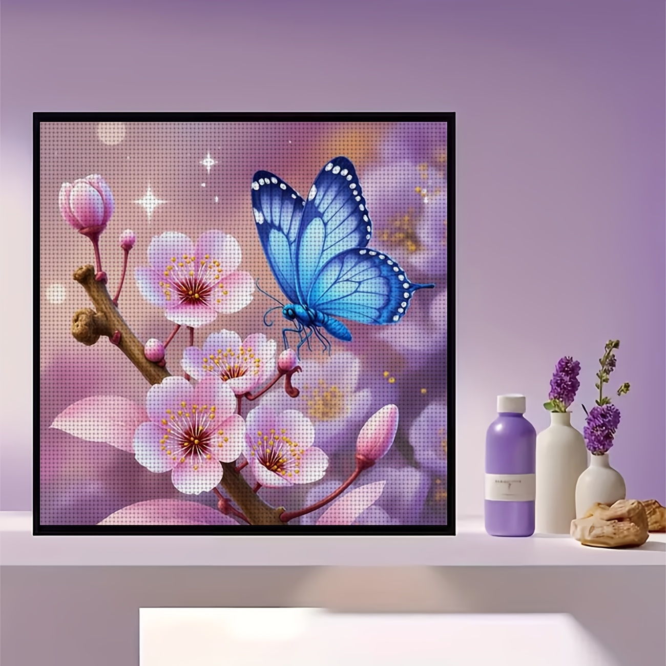 Cross-Stitch Printing Kit Without Frame, Blue Butterfly on Pink Flower Design