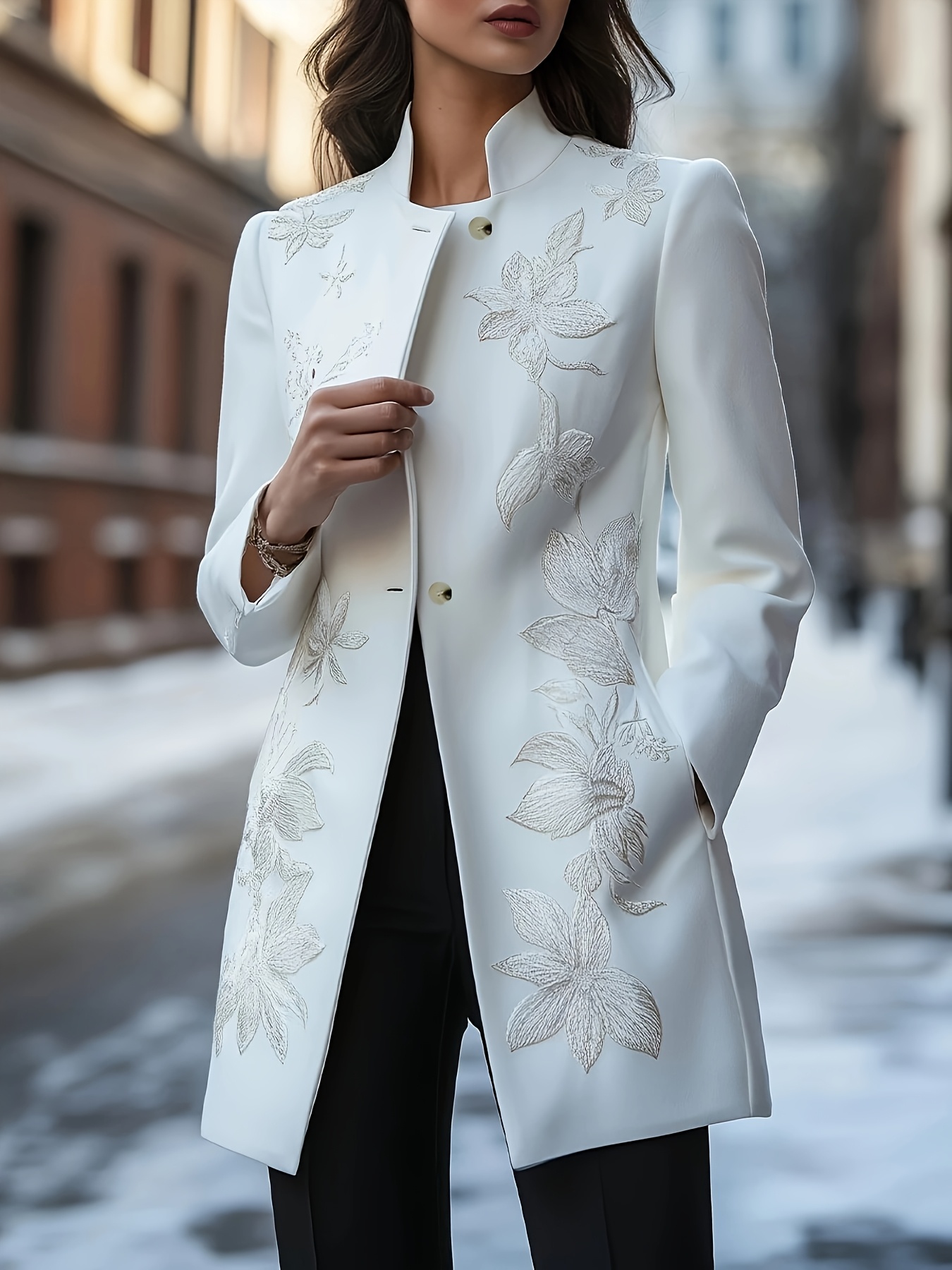 elegant black floral embroidered   for women long sleeve single breasted with side pockets stylish winter coat   floral embroidery   white 0
