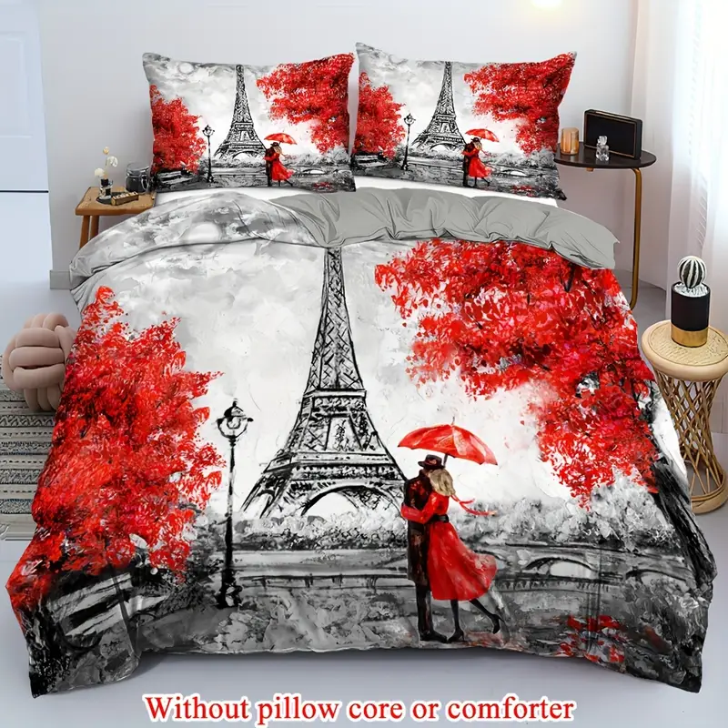 2 3pcs 1 duvet cover 1 2 pillowcase without core romantic france tower valentines day rainy romantic couple print soft comfortable bedding set for bedroom dorm room family gift Product details 0