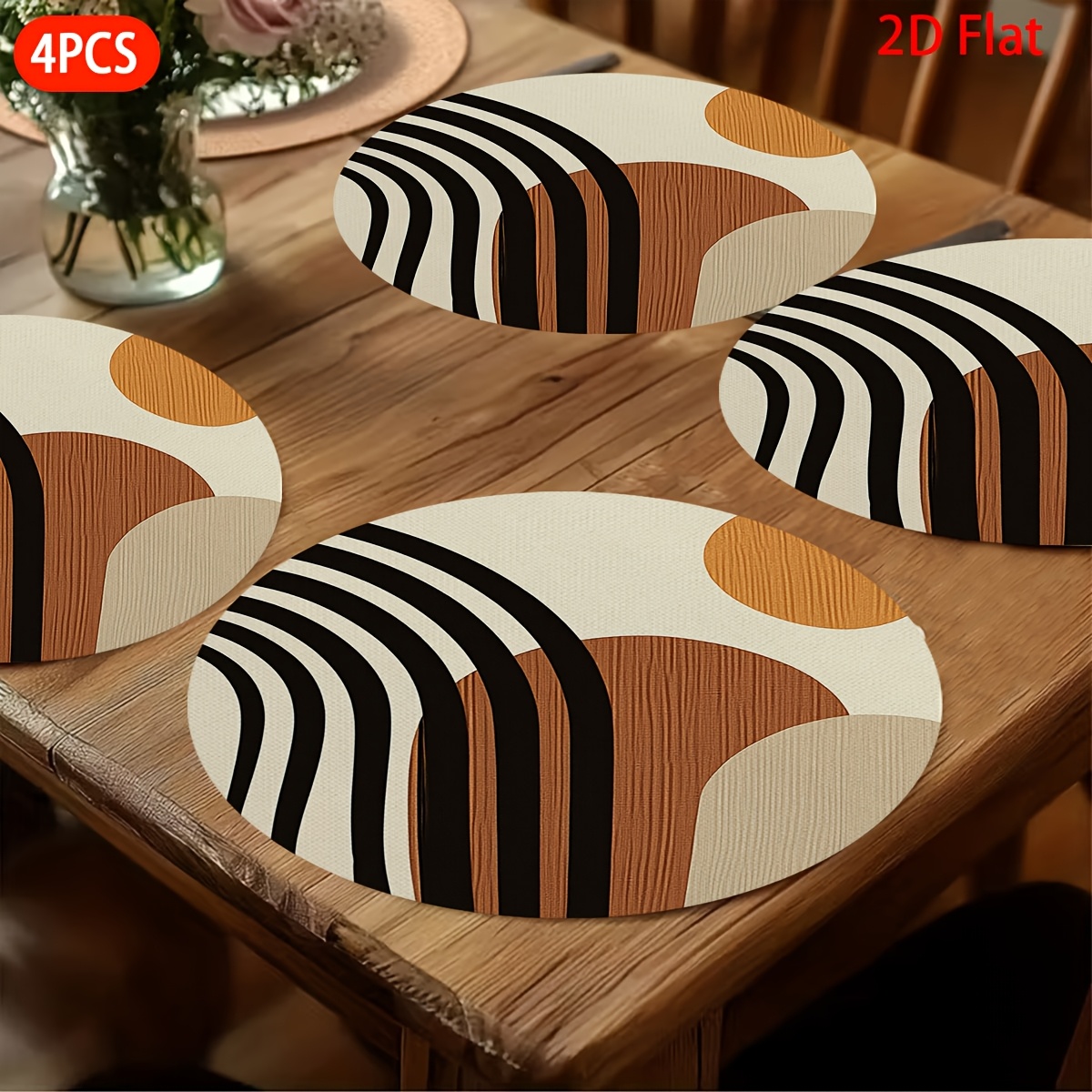 TEMU Juego de 4 manteles individuales redondos con geométrico abstracto, planos 2D, para una mesa acogedora, para mesas de comedor, mesas de ,
