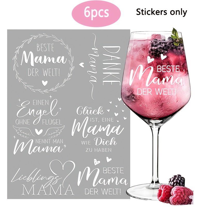 Image of 6pcs Uv Dtf Set Featuring "mother" And "mom" As Theme, With German Such As "the In The World" And "danke," Accompanied , Wing, And Wreath Designs To Add A Warm Atmosphere. Suitable For Cups
