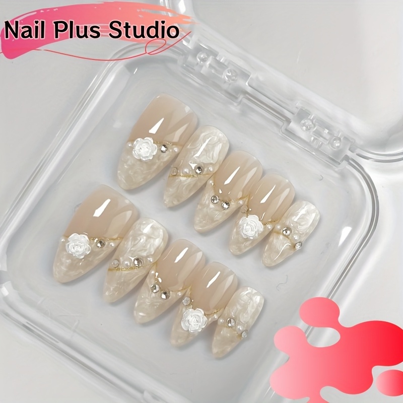 TEMU 10pcs Nail Spring/summer Handmade Wearable Nail White Rose Inlaid Diamonds High Quality Wearable Nail